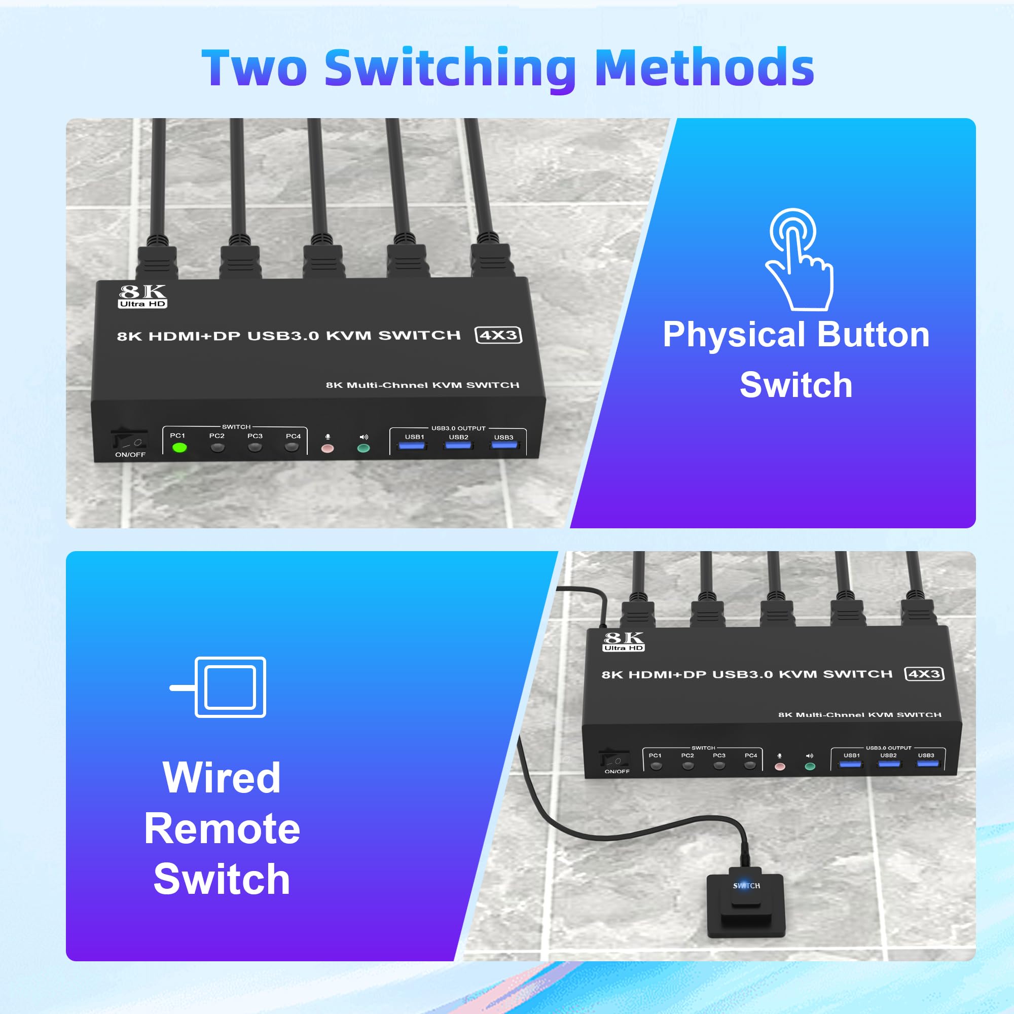 KVM Switch 3 PC 2 Moniteurs 4K60Hz DisplayPort HDMI - Commutateur USB 3.0 Avec Télécommande IR