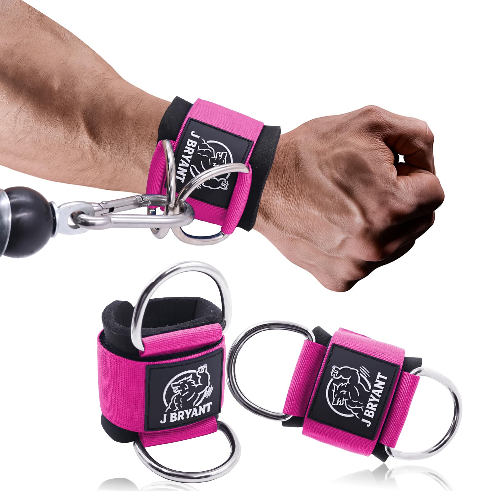 J Bryant Wrist Cuffs for Cable Machine Pulley System – Adjustable Double D-Ring Straps with Neoprene Padding – Comfortable Wrist Support for Gym Workouts（L）