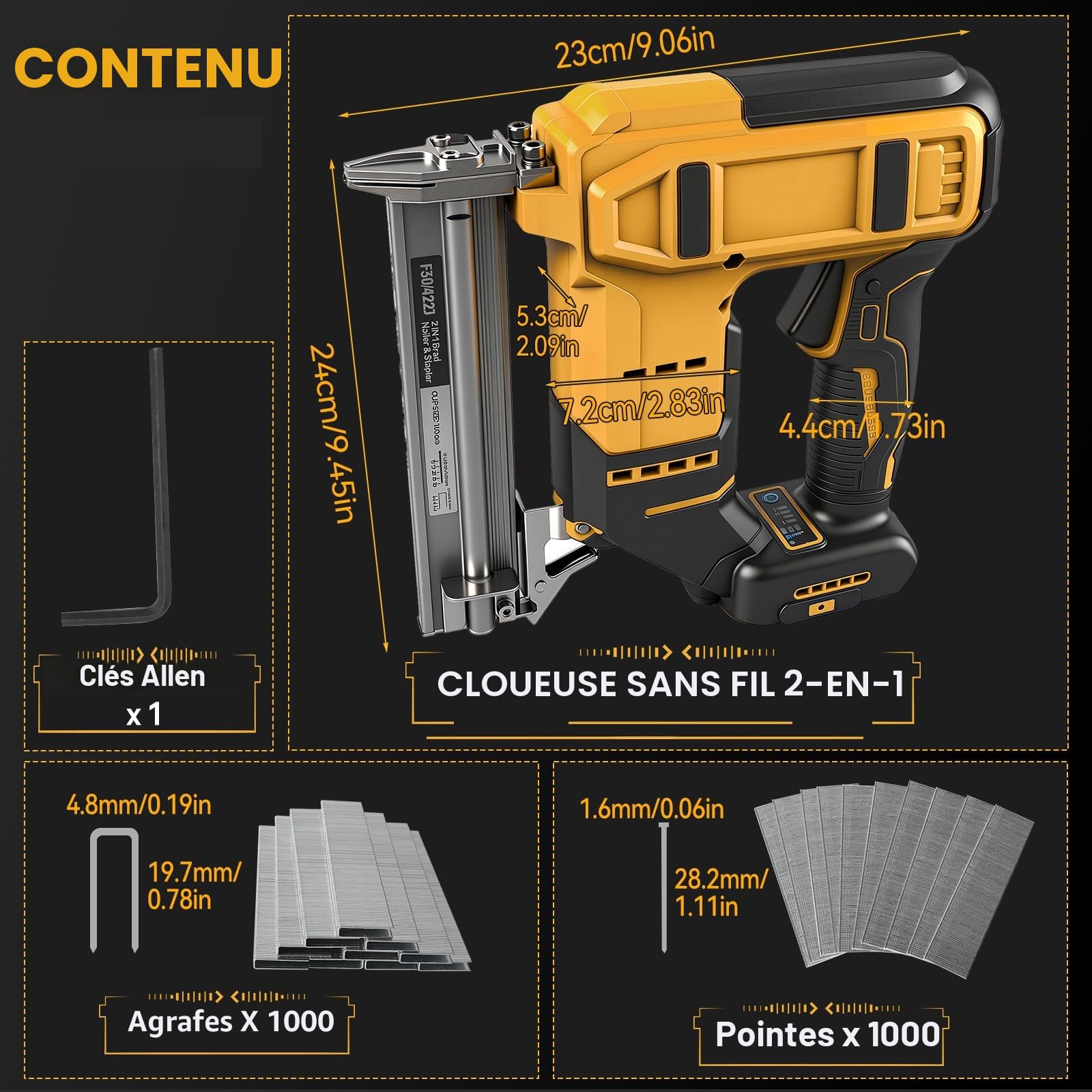 Agrafeuse à onglets à batterie 2-en-1 sans balais, pistolet à clous électrique, agrafeuse 18GA, cloueur à onglets pour Dewalt avec 1000 clous, 1000 agrafes pour DIY ébénisterie (sans batterie)