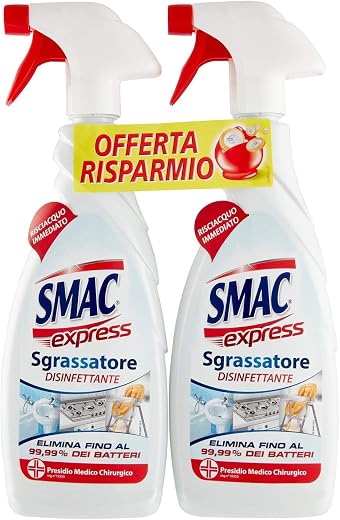 Smac Express - Sgrassatore Disinfettante, Detergente Spray Multisuperficie con Azione Sgrassante e Antibatterica, 650 ml x 2 Pezzi