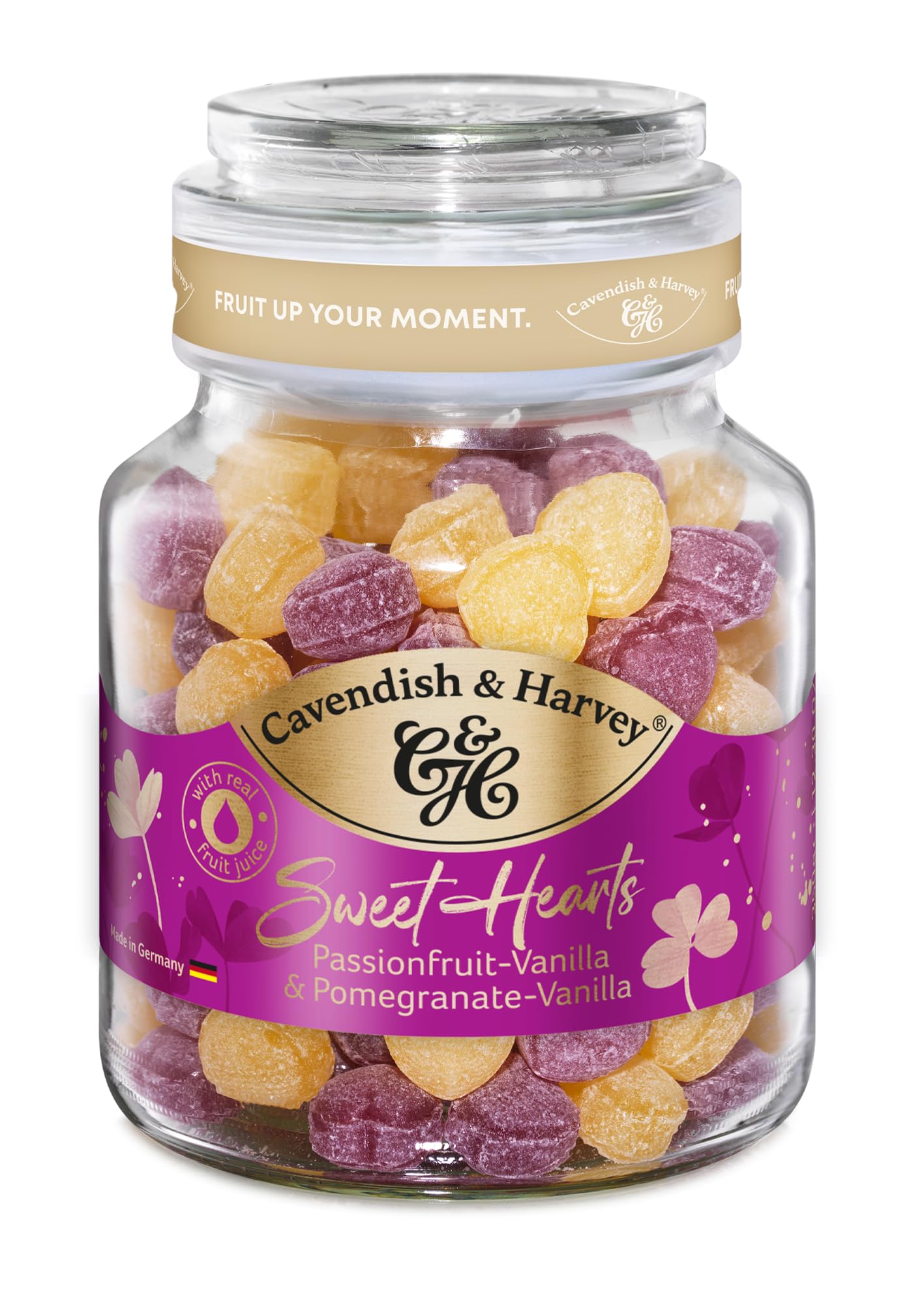 Cavendish & Harvey Sweet Hearts "Friends" 13 x 350g Glas | Maracuja-Vanille und Granatapfel-Vanille | Fruchtbonbons in Herzform mit natürlichen Aromen | Vegan, Halal, Koscher | 13 x 350g