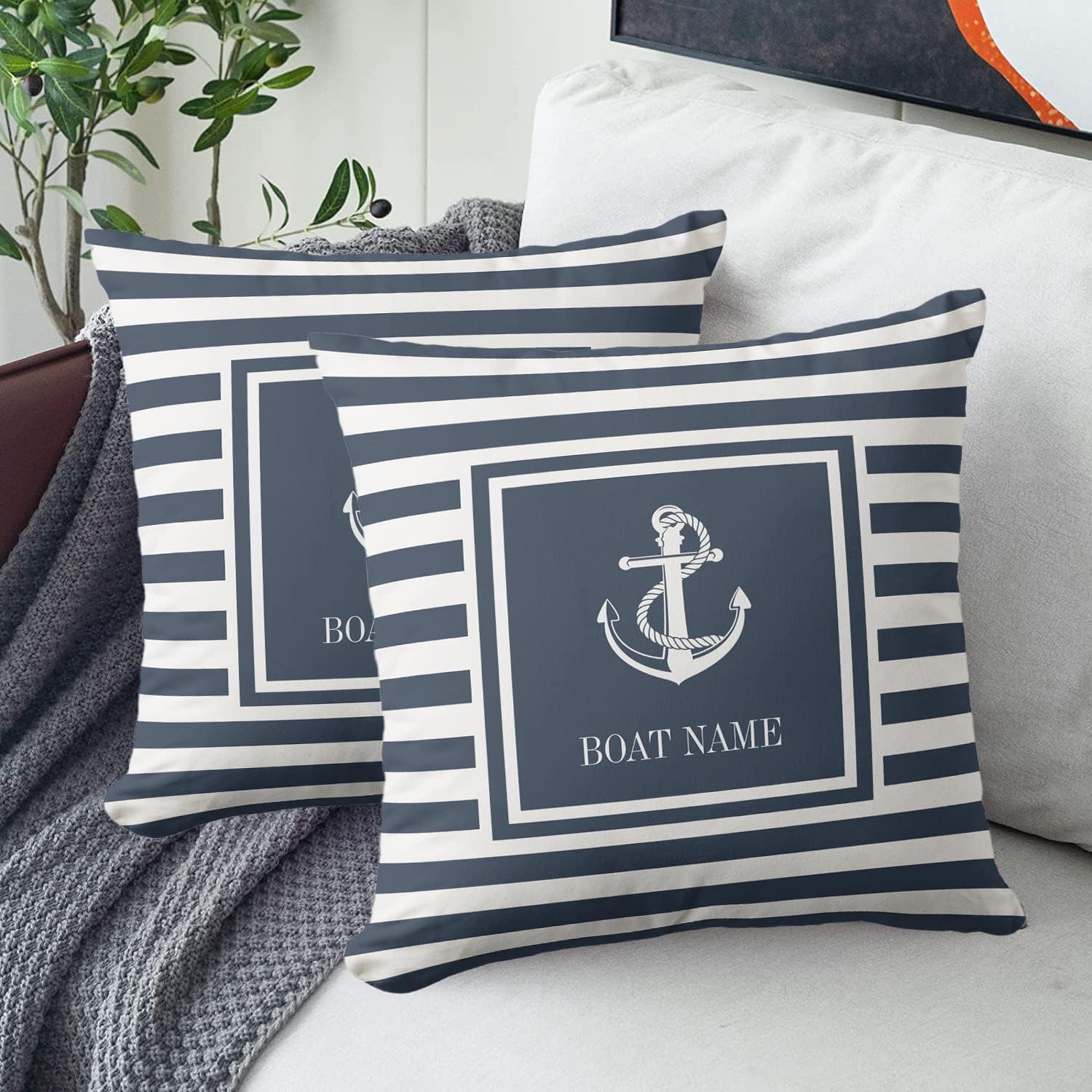 Nautical Anchor Boat Name Navy Blue Striped Decorative Throw Pillow Covers Cotton Polyester Cushion Case 20 x 20inches Farmhouse Pillowcase for Couch Sofa Bed