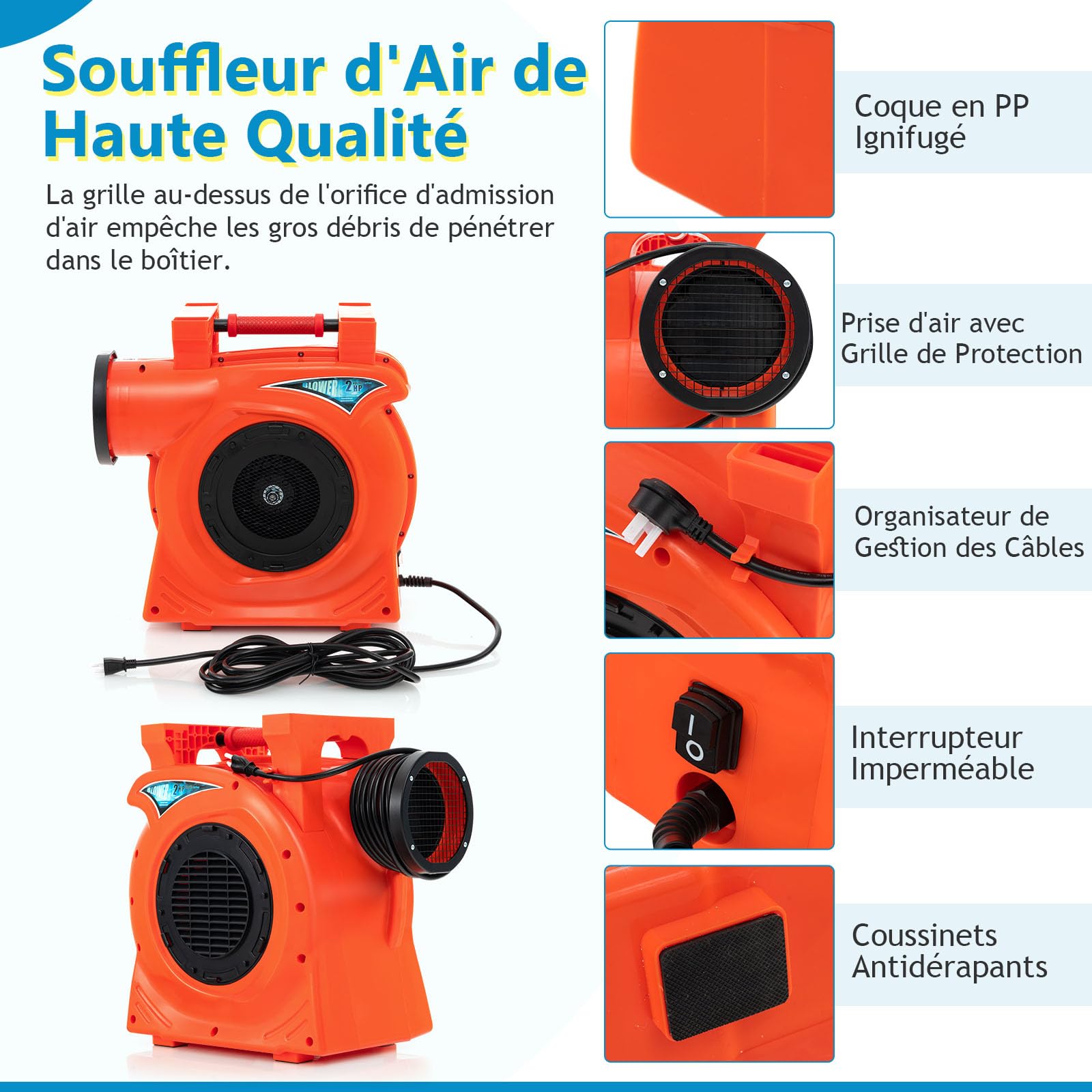 Souffleur électrique 250 W Pour Château Gonflable – 420 M³/h – 2800 RPM – Prise UE – Compact