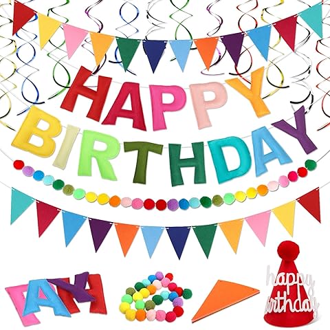 Pre Strung Happy Birthday Banner Set - Felt Ball Garland, Felt Birthday hat and Pen...