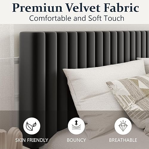 Miniatura 4 de Base de cama de plataforma tamaño Queen con cabecera tapizada de terciopelo, marco de cama Queen con listones de madera fuertes, somier opcional,