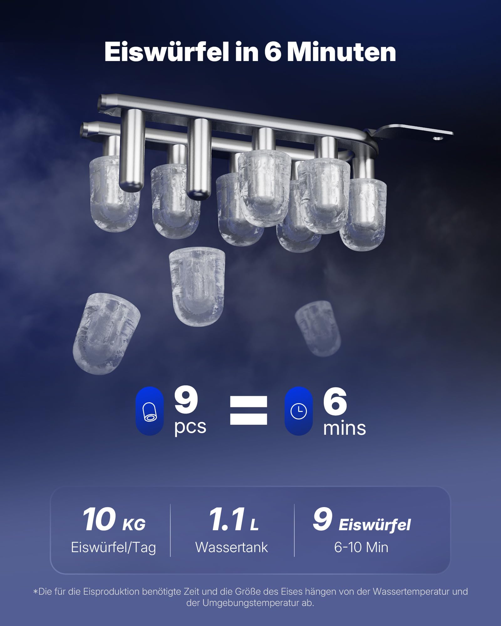 Upstreman Eiswürfelmaschine mit LED, 9 Eiswürfel in 6-8 Min, Eiswürfelmaschine Klein 2 Eisgrößen, Digitale Touch-Display, Automatische Reinigung, Ice Maker für Zuhause,Küche,Büro, BI10