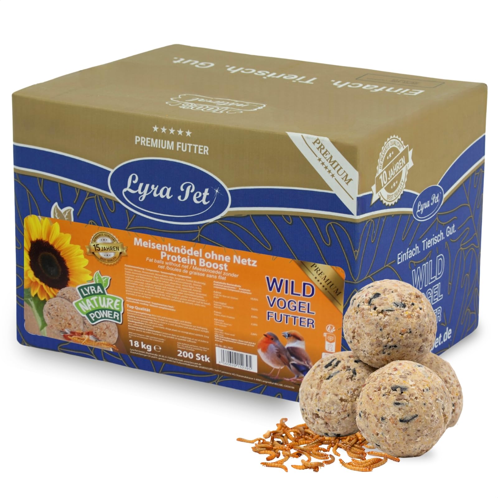 Lyra Pet® 200 STK. Meisenknödel Protein Boost ohne Netz à 90 g = 18 kg | Fetthaltiges Vogelfutter mit Mehlwürmern - Proteinreiche Energiequelle für Wildvögel - Nährstoffe für Sommer & Winter