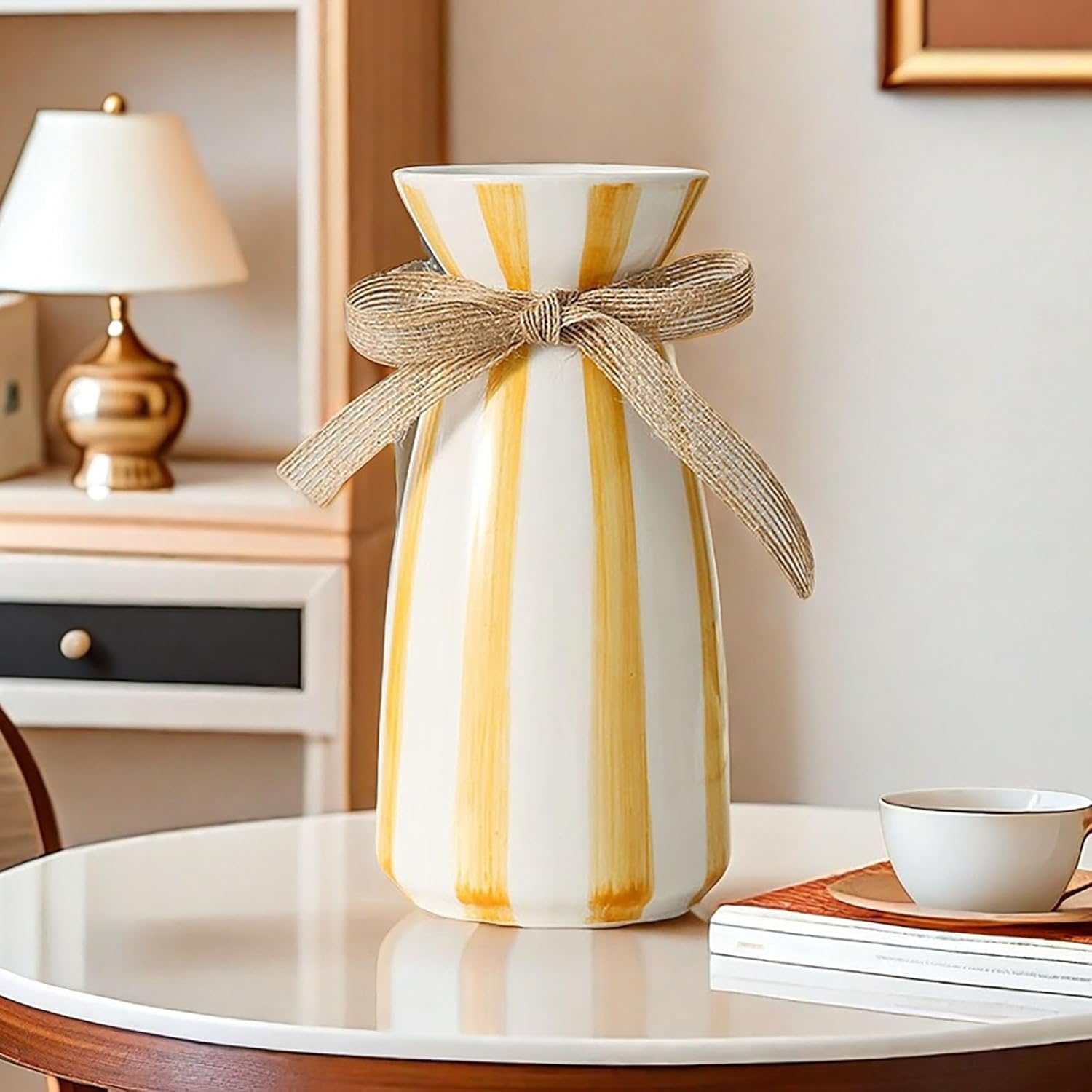Ceramic Vases - Flower Vase, Home Decor Ceramic Vase, Living Room Bedroom Dining Room Office Bookshelf Decor (White with Yellow Stripe) - Image 5