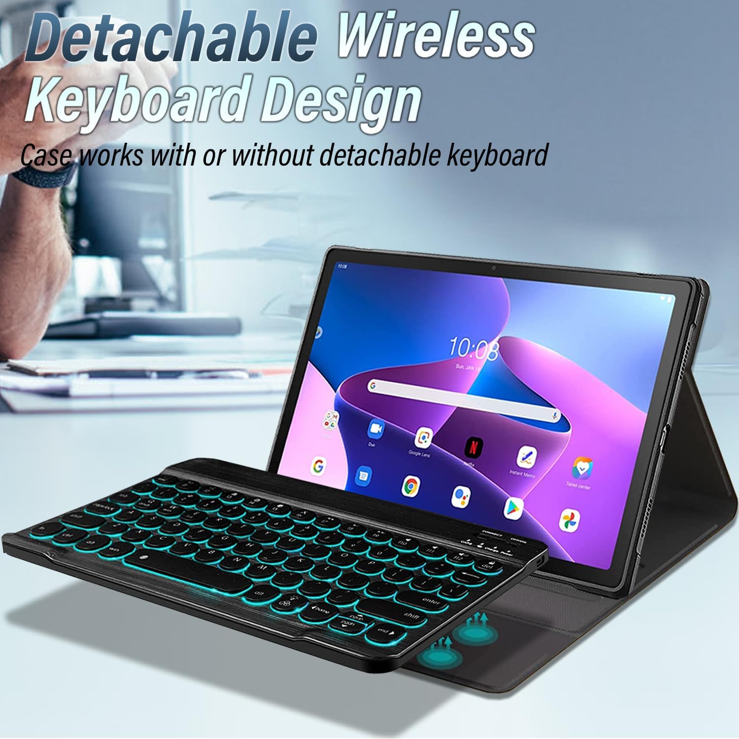 Backlit Keyboard Case for Lenovo Tab M10 Plus 3rd Gen (2022) 10.6 Inch, Wineecy Slim Stand Cover with 7 Colors Light Magnetically Detachable Wireless Keyboard for Lenovo Tab M10 Plus 3rd Gen 10.6 Inch