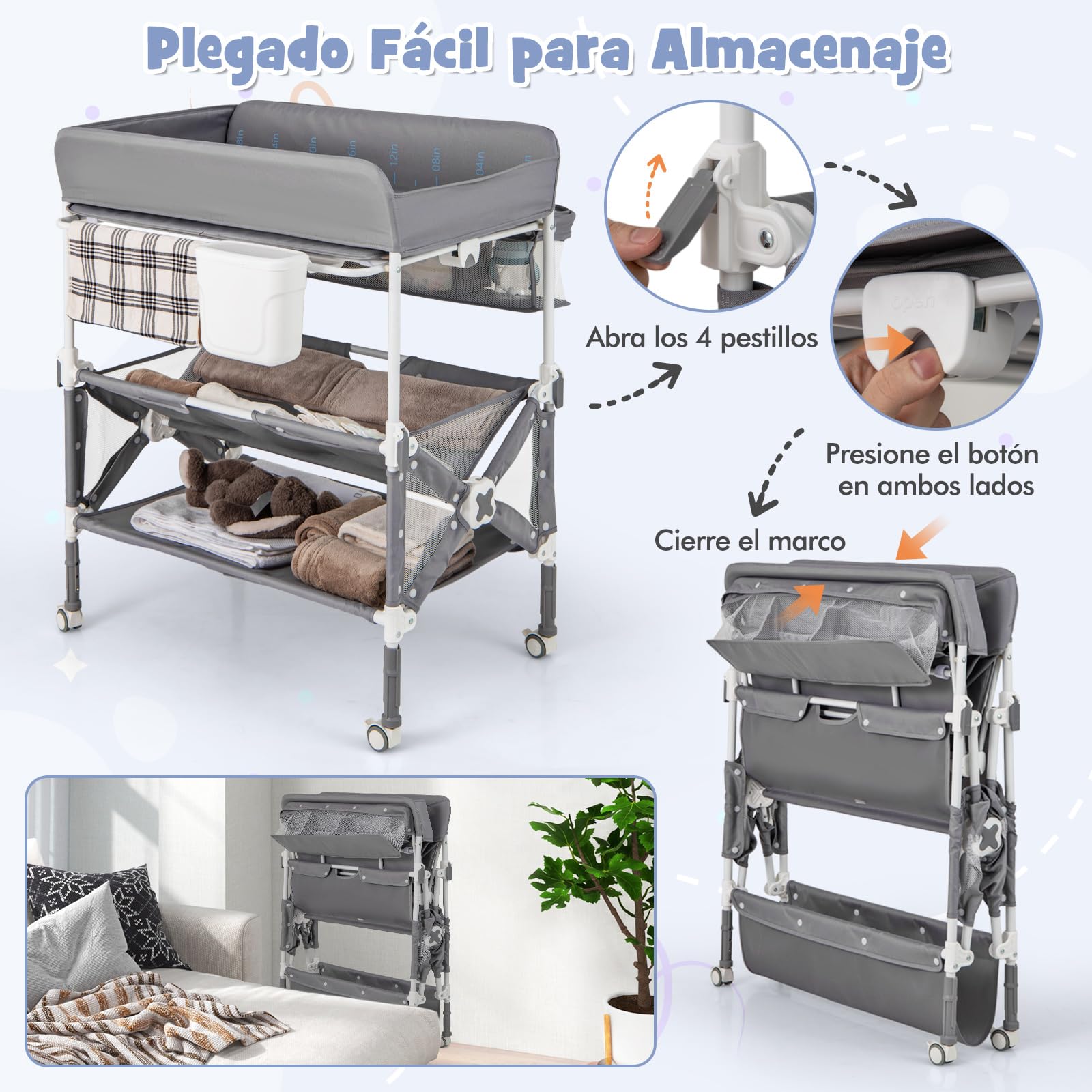 GOPLUS Cambiador Portátil para Bebés, Centro para Cuidado Infantil con Altura Ajustable, Cubierta Impermeable, Estantes y Papelera, Estación Plegable para Pañales con Ruedas (Gris)