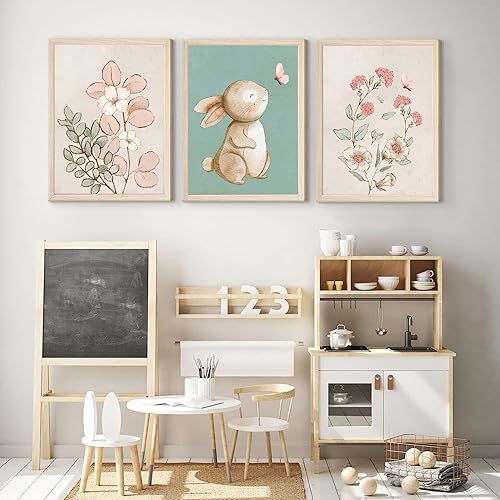 Miniatura 4 de Generic Arte de pared para guardería, bonito conejo, flores botánicas, decoración de pared, cuadros de guardería rosa y verde, póster para