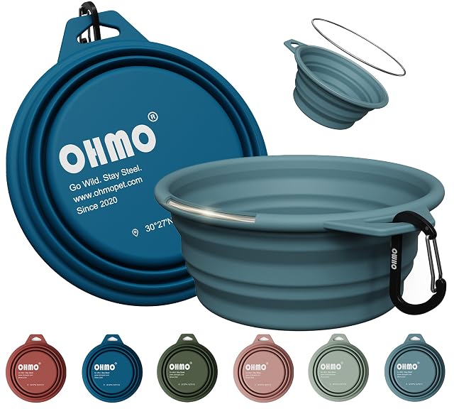 OHMO Bebedero Perro Portátil con Anillo de Acero Inoxidable Integrado (2 uds., 800ml, Azul Oscuro+Azul Claro)