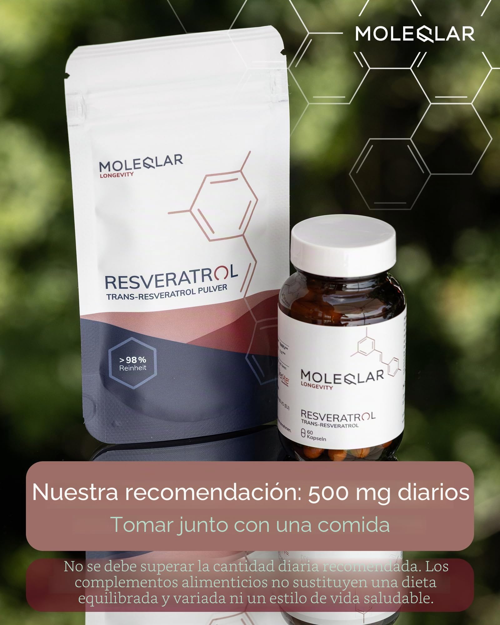 MoleQlar Resveratrol en polvo 100 g - Suplemento dietético de fermentación de levadura con 500 mg por porción - Formato fino para mezclar, apto para llenado de cápsulas y consumo diario de rutina