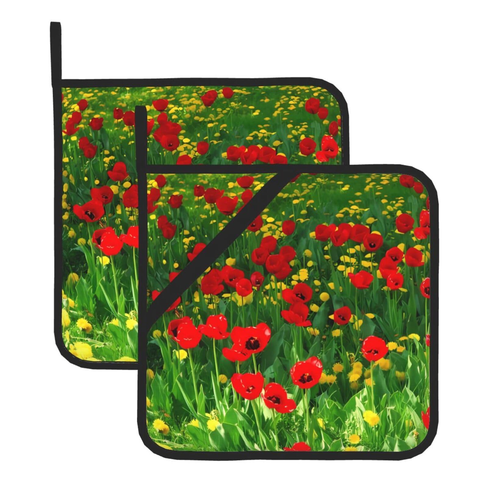 WHJSSF Red Poppy Field Farm Meadow Landscape Prints Square Pot Holders - Heat Resistant Kitchen Trivets 2-Pack - Waterproof Covers for Hot Dishes, Oven & Grill with Hanging Loop