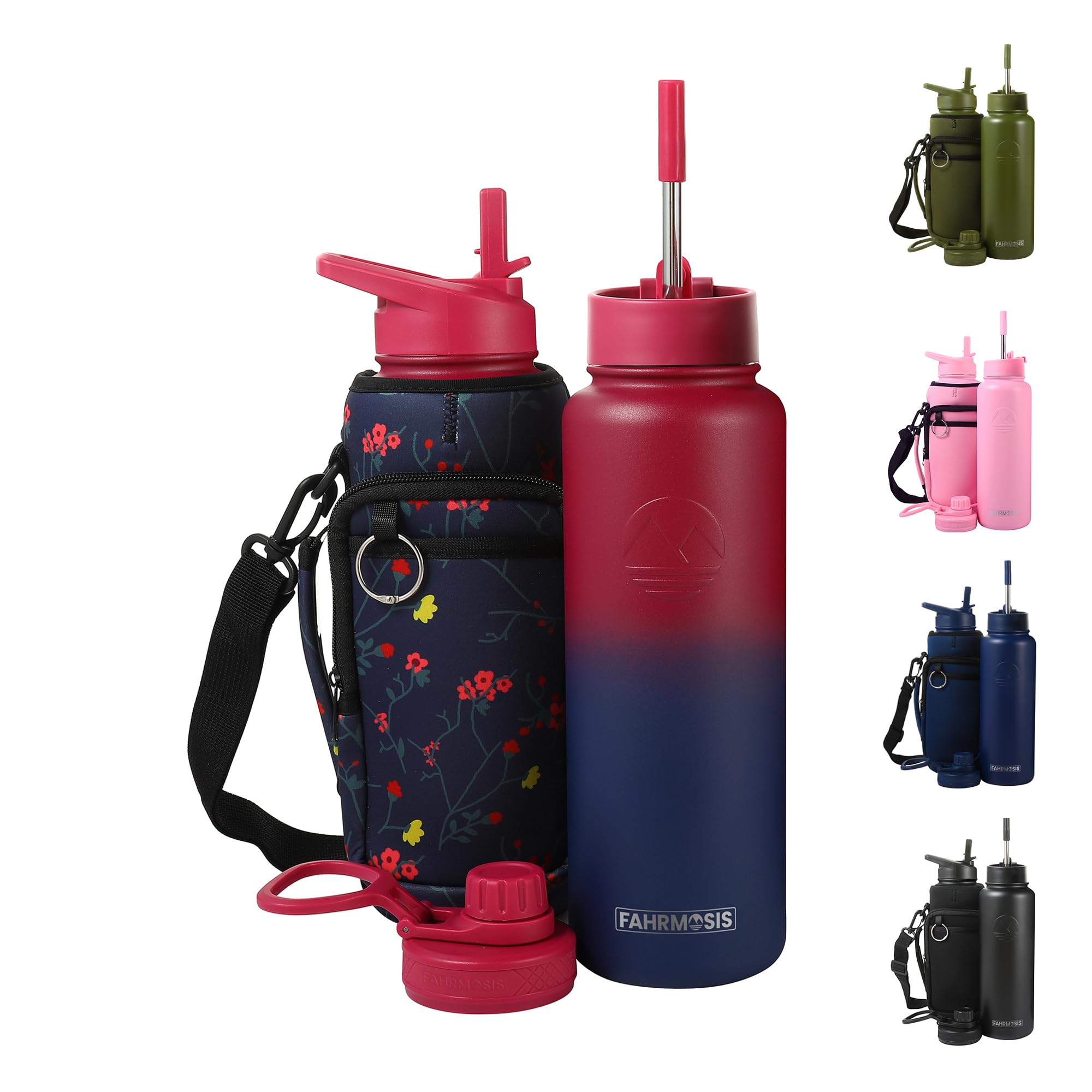 FAHRMOSIS 40 Oz Water Bottle with Strap Stainless Steel Sports Water Bottle with 3 Lids (Straw, Chug and Flip Lid) Insulated Leak Proof Metal Jug for