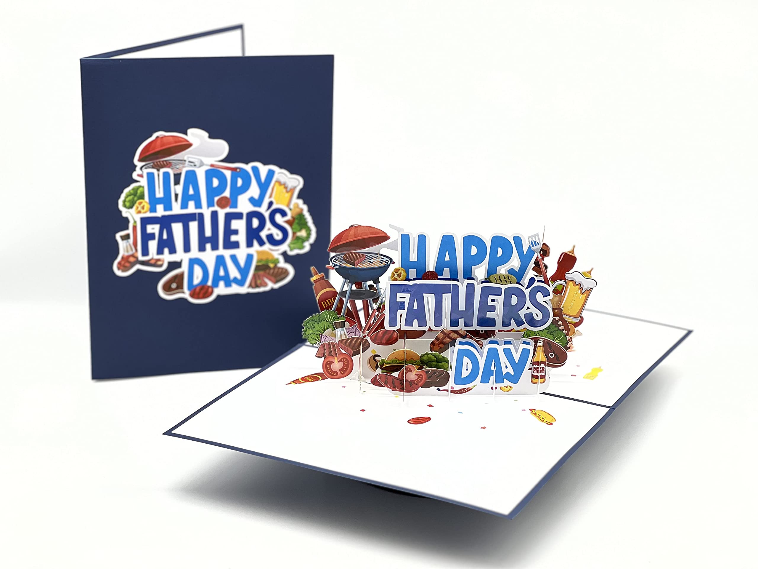 Three Dee Cards Happy Father's Day BBQ Pop Up Card - Unique 3D Greeting for Grill Masters, Featuring Barbecue, Burger, Steak, Skewers, Beer - Perfect for Dads Who Love BBQ