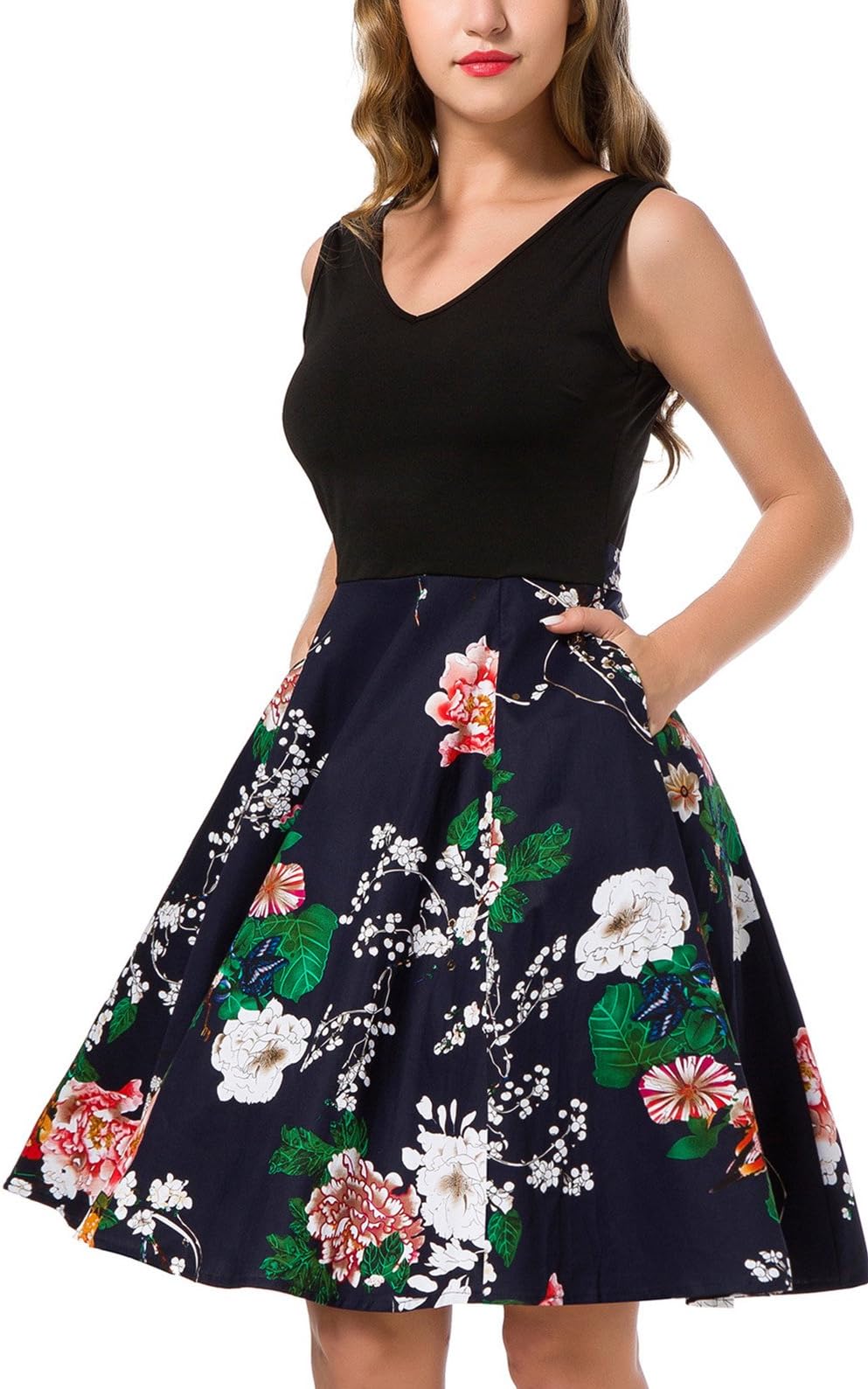 MOUEEY Women's Casual Flare Floral Dresses V Neck Sleeveless Party Mini Dress Navy L