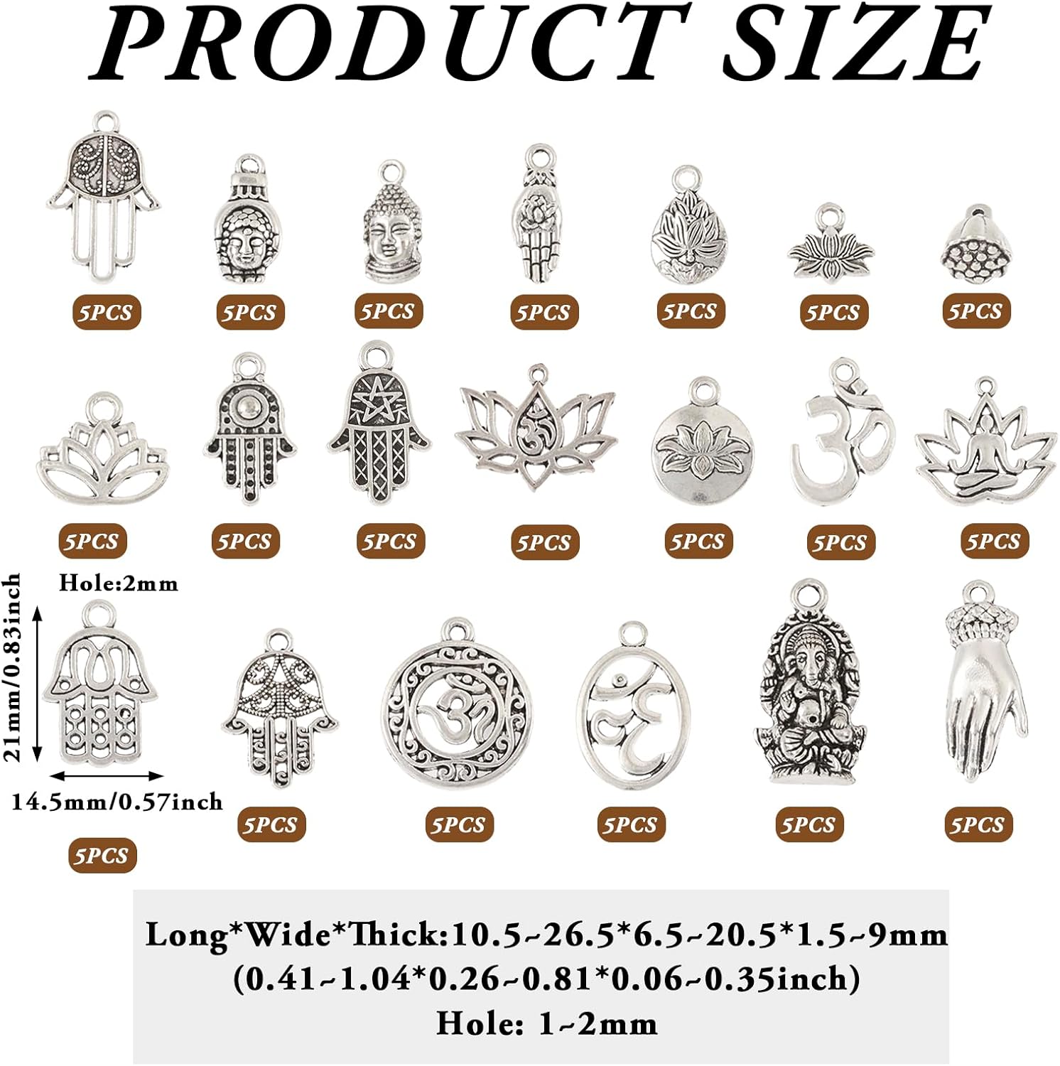Pandahall 100Pcs Buddhist Theme Pendants Buddha Charms Lotus Flower Hamsa Hand Tibetan Alloy Antique Silver Charms 20 Styles for Bracelet Necklace Jewelry Making - Image 5