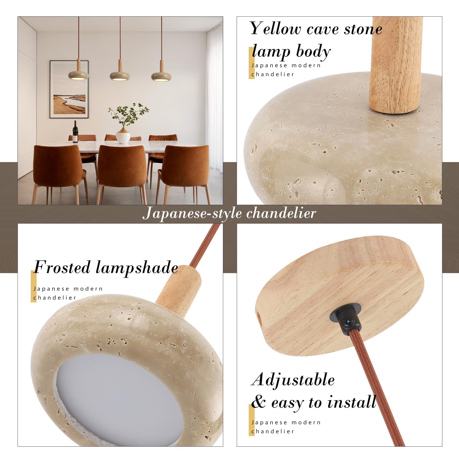 Kaixunl Wabi-sabi Pendant light Natural Yellow Travertine LED Wood Hanging lights Height Adjustable Ceiling Lights Modern Chandeliers Ceiling Light for Bedroom Dining Room Living Room Kitchen 15cmpole - Image 3