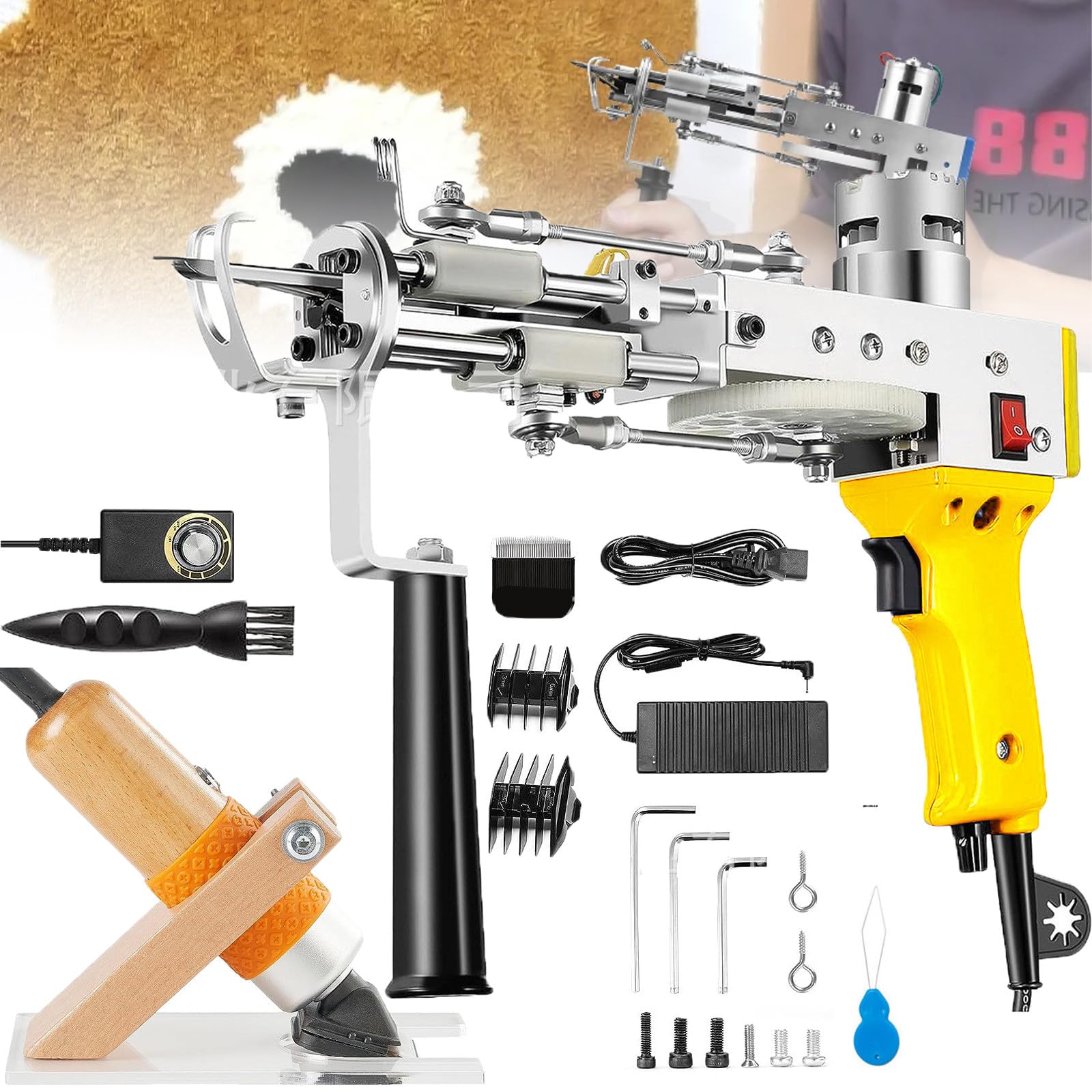 Kit de iniciación de máquina de pistola para alfombras, bajo ruido, diseño antiapagado, incluye kit de recortadora de alfombras y adaptador de corriente para principiantes, fácil de usar
