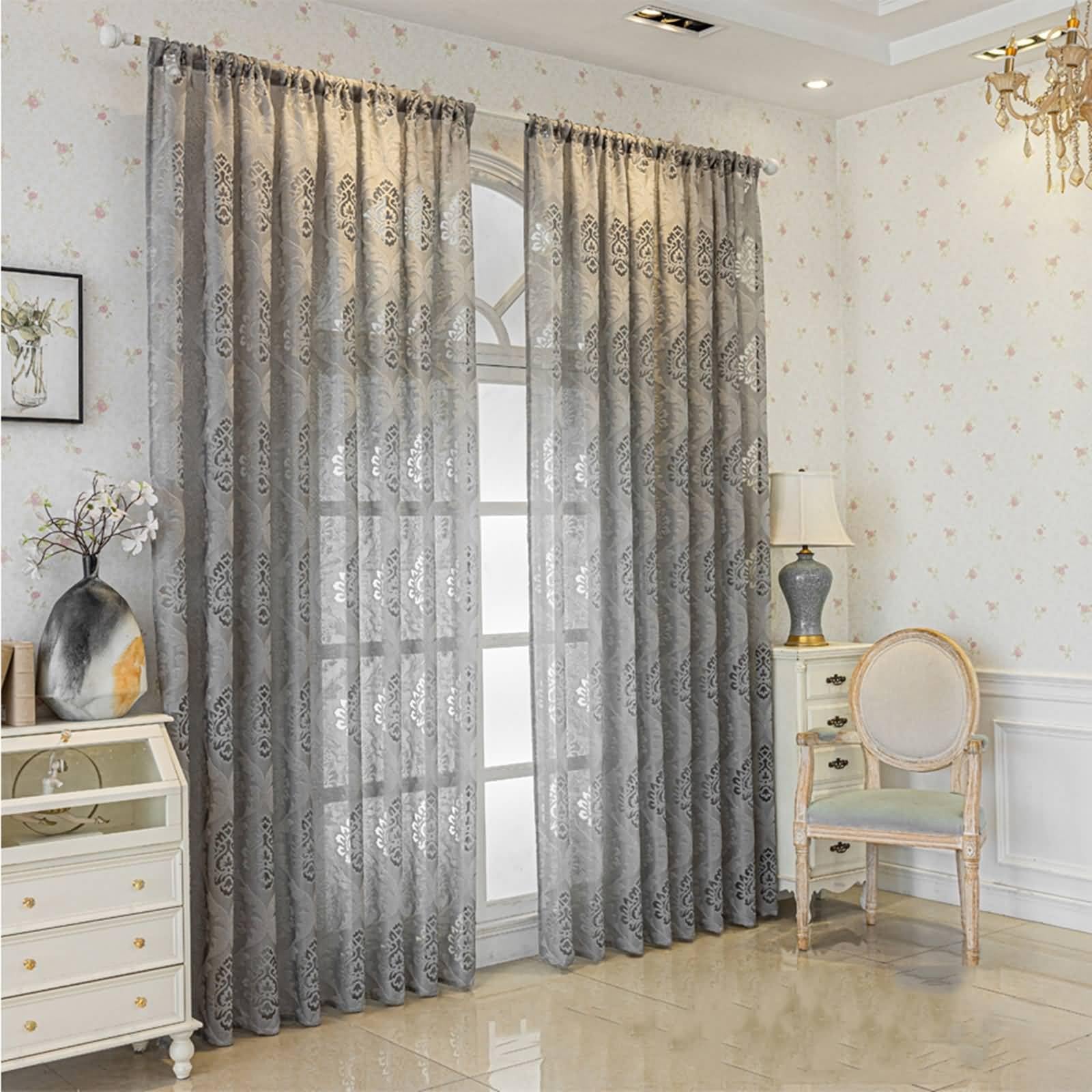 Rideaux gris de salon avec motif floral creux rustique en polyester pour fenêtre, 132x160 cm