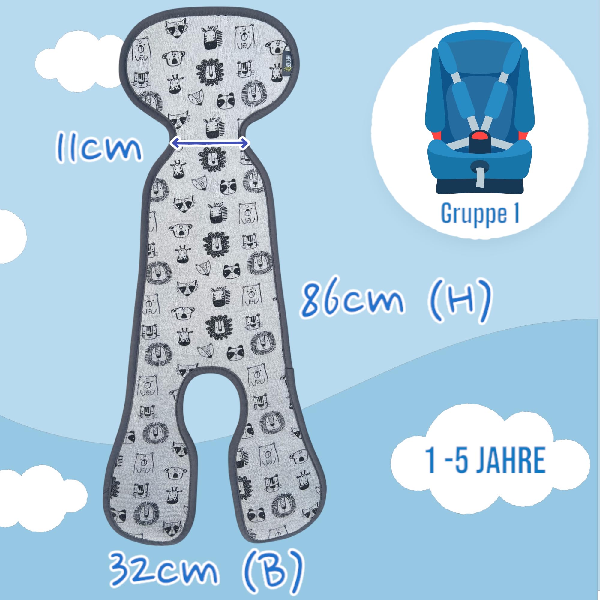 HECKBO Kinder Sitzauflage Sommer Antischwitz für Kinderwagen - Gruppe 1 - Autositz mit 3 Punkt und 5 Punkt Gurt für Kinder Matte grau mit niedlichen Tieren
