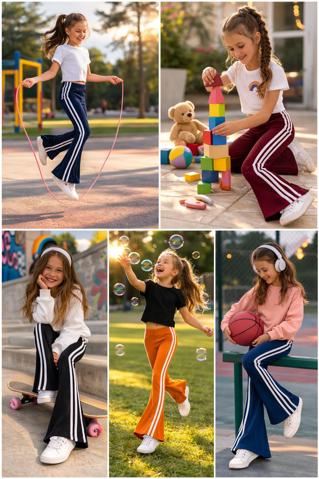 T2F Leggings svasati da ragazza, confezione da 5, pantaloni bootcut in cotone elasticizzato con strisce laterali, comodi abbigliamento sportivo per bambini, combinazione multicolore (2-14 anni)