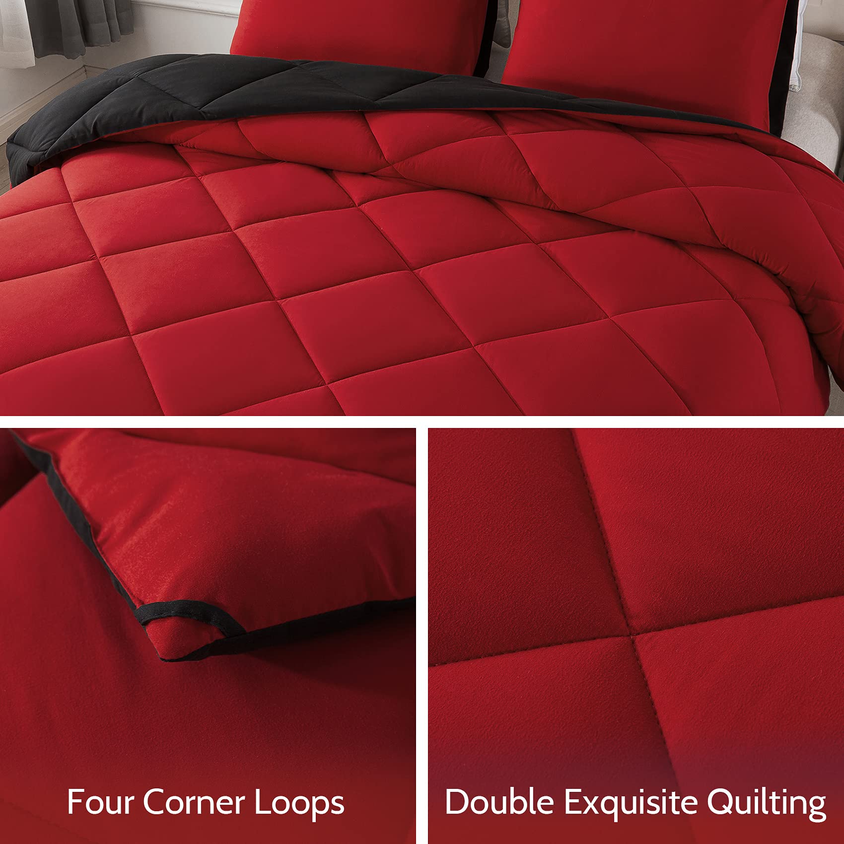 Decroom Lightweight Queen Comforter Set with 2 Pillow Sham - 3 Pieces Set - Quilted Down Alternative Comforter/Duvet Insert for All Season - Red/Black - Queen Size