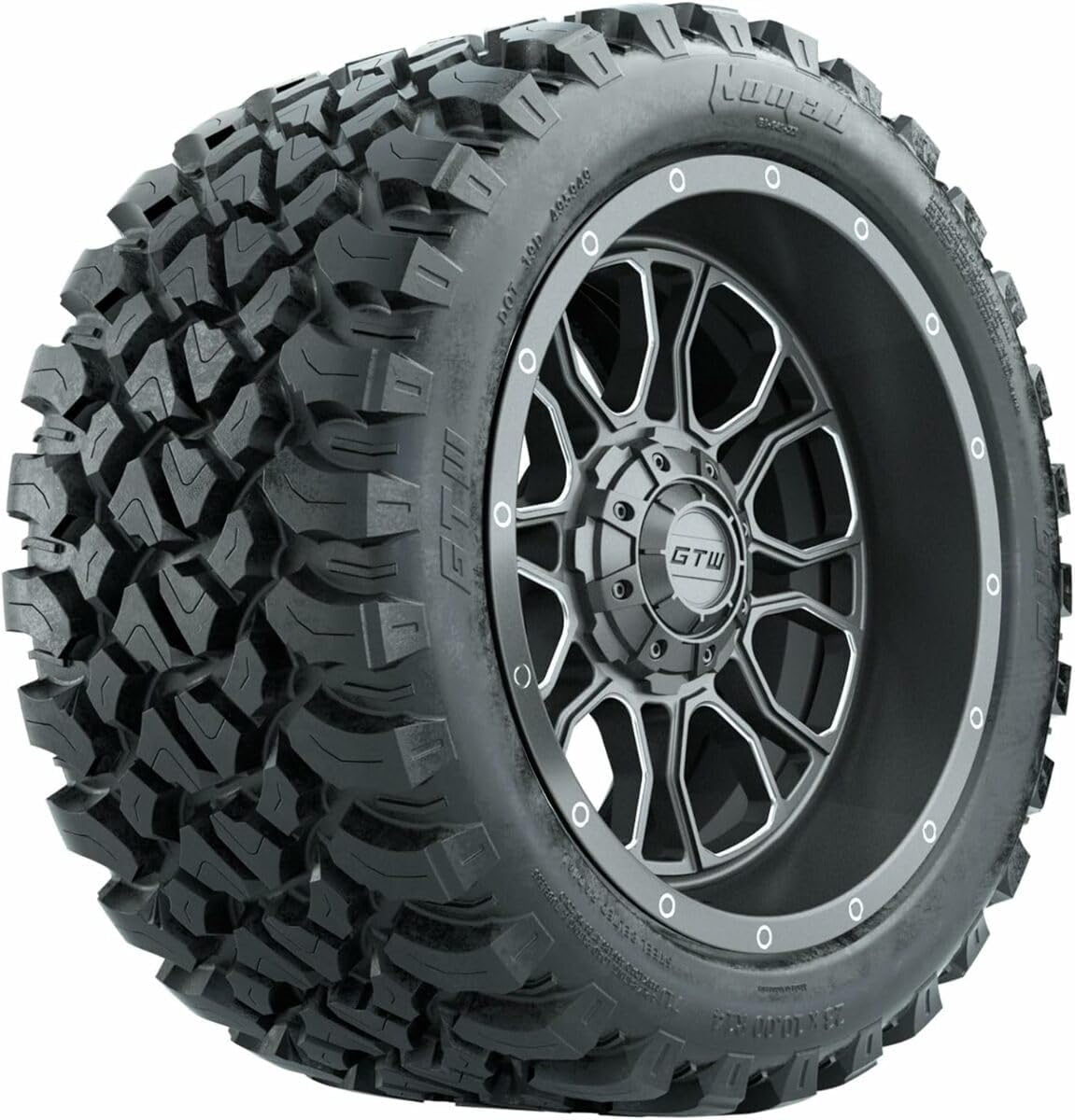 GTW 14 Inch Golf Cart Wheels and Tires Combo | GTW Volt Gunmetal Wheels on 23x10-R14 (23") Nomad Steel Belted Radial All Terrain Tires | Set of 4