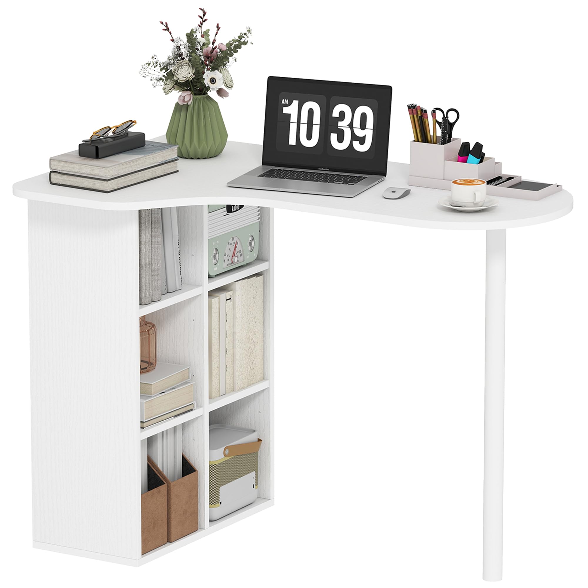HOMCOM Scrivania Salvaspazio, con 6 Scomparti, 100x59x75.5 cm, Bianco | Scrivania Piccola, 4 Scaffali Regolabili, Piano Ricurvo, Tavolo Computer, per Casa, Studio e Ufficio