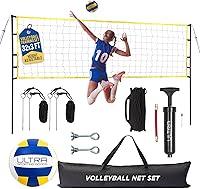 UltraSportingGoods Outdoor Volleyball Net Set: 32x3ft Regulation Net, Soft PU Ball, Adjustable Steel Poles, Pump & Bag for Backyard Beach Pool