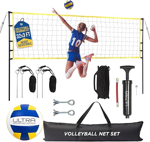 Volleyball Net for Backyard, Beach, Home, Includes 32x3 Ft Regulation Size Net, 8.5-Inch PU Volleyball, Carrying Bag, Boundary Lines, Steel Poles &