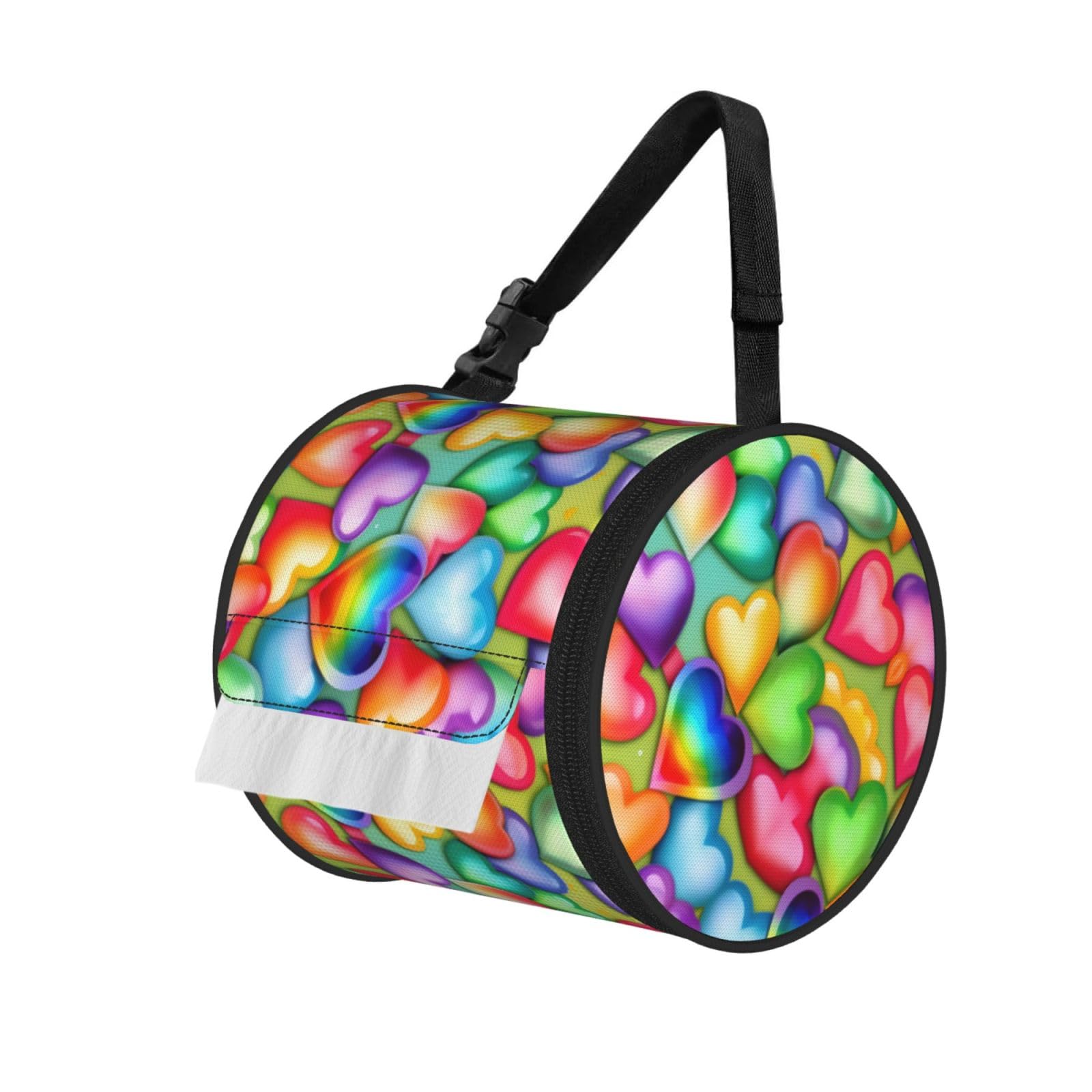 Rainbow Hearts Printed Toilet Paper Holder Bag, Adjustable Strap Roll Paper Organizer for Car Kitchen Outdoor