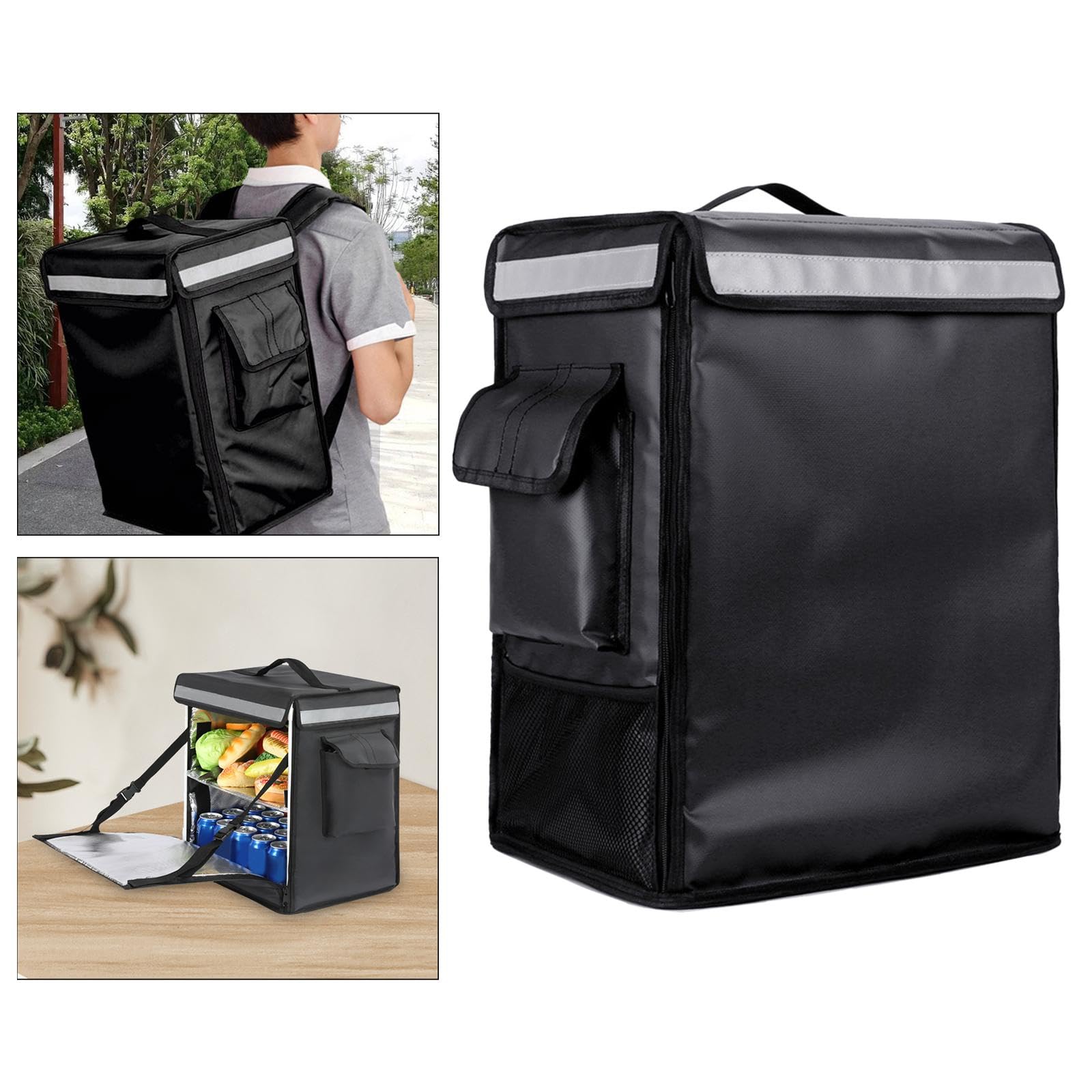 Mochila Térmica para Reparto de Comida, Apta para Comidas Frías Y Calientes, con Bolsillos de Malla, Negro, Individual