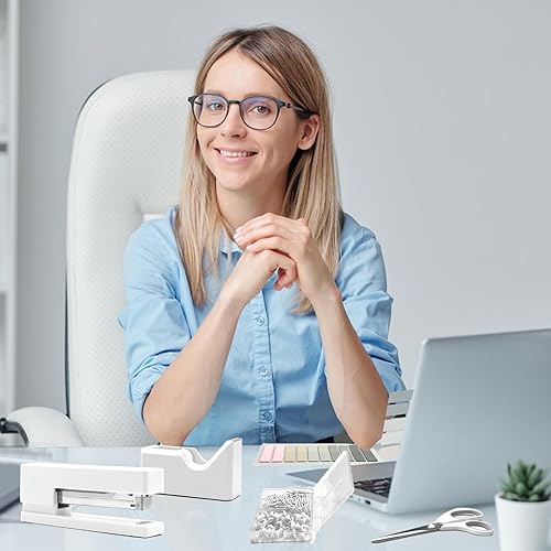 Miniatura 7 de Suministros de oficina blancos, accesorios de escritorio blancos, juego de grapadora y dispensador de cinta para mujeres con grapadora, dispensador