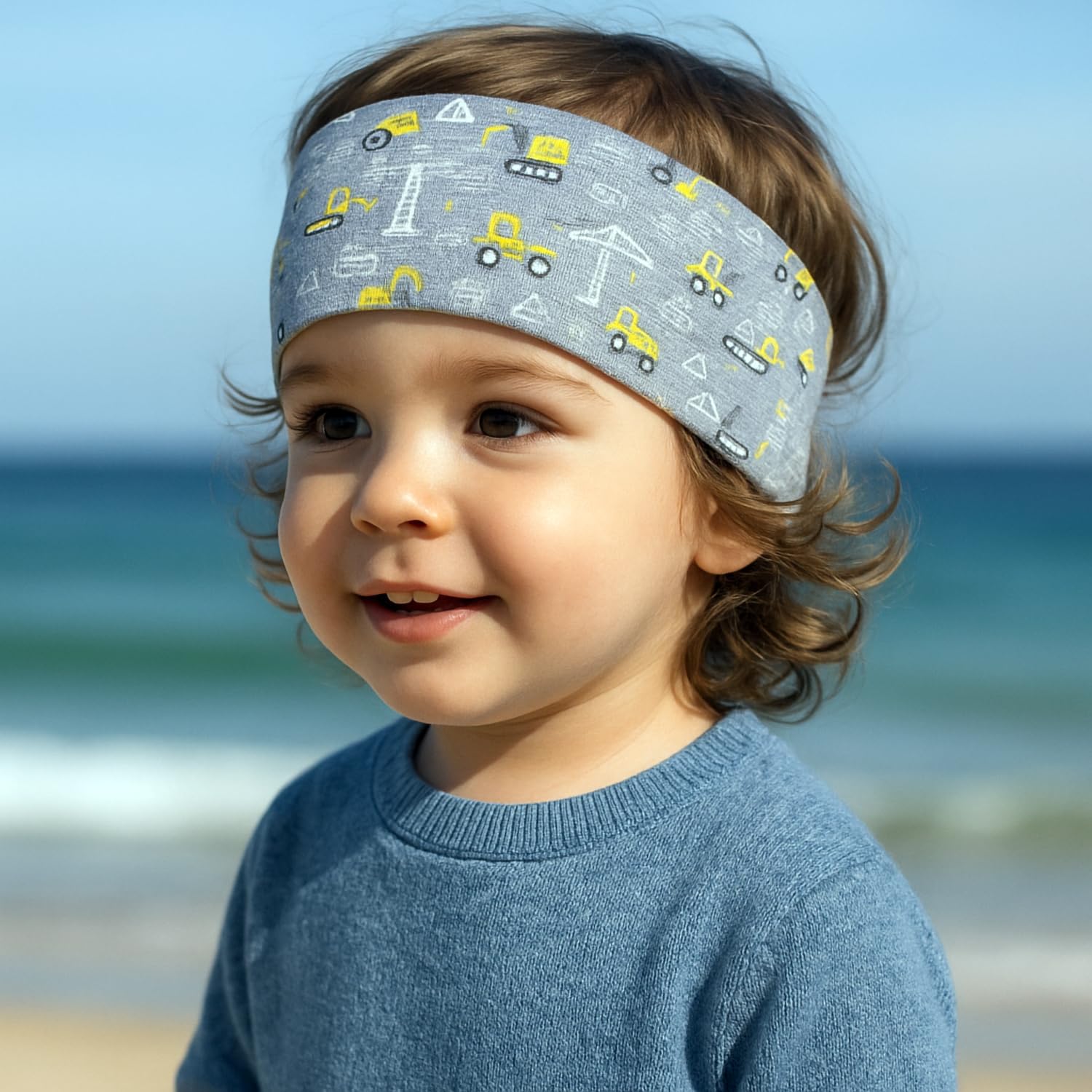 Wollhuhn ÖKO MINI Kinder Breites Elastisches Stirnband/Haarband Deutsche Herstellung Bequem Baumwolle (KU 48-52) (Baustelle Grau/Gelb)