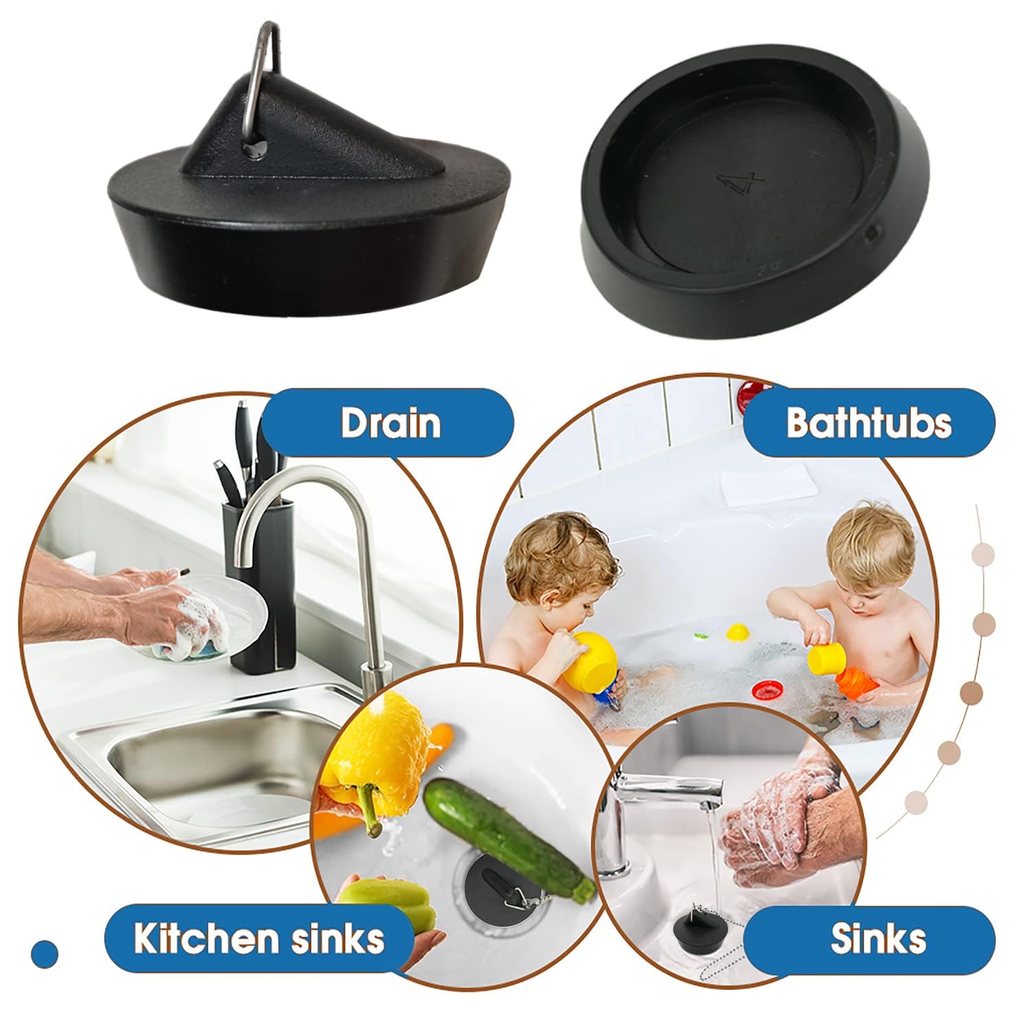 Tomario 2 Stück Universal Waschbeckenstöpsel Edelstahl Kugelkette mit Haken für Küche Bad Waschbecken Abfluss Stopper Stöpsel (44 mm, Ablaufstopfen Größe zwischen 45,5 bis 42 mm) | Silikon-Ablaufstopfen für Küche, Bad, Waschbecken, 450 mm, Kugelkette, Hak