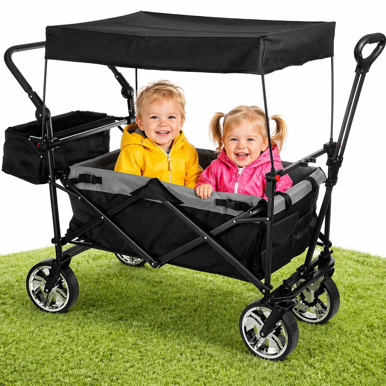 Bollerwagen faltbar mit Dach 105L 100kg Schiebegriff & Teleskop-Ziehstange 2 Feststellbremsen + Zentralbremse hinten 3-Punkt-Gurtsystem XXL-Hecktasche Bollerwagen mit Dach