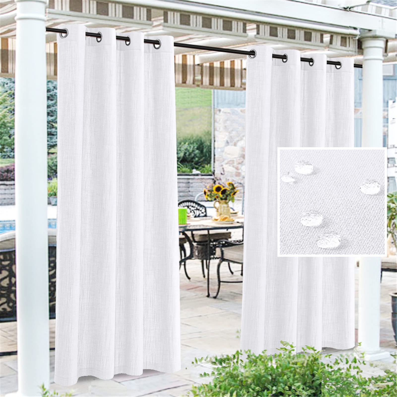 Outdoor gazebo curtains waterproof natural linen curtains with eyelet Windproof and UV protection Thermal Insulated Blackout Curtain for Patio Gazebo Porch bedroom,2 Panels,White,WxL:52x108 inch