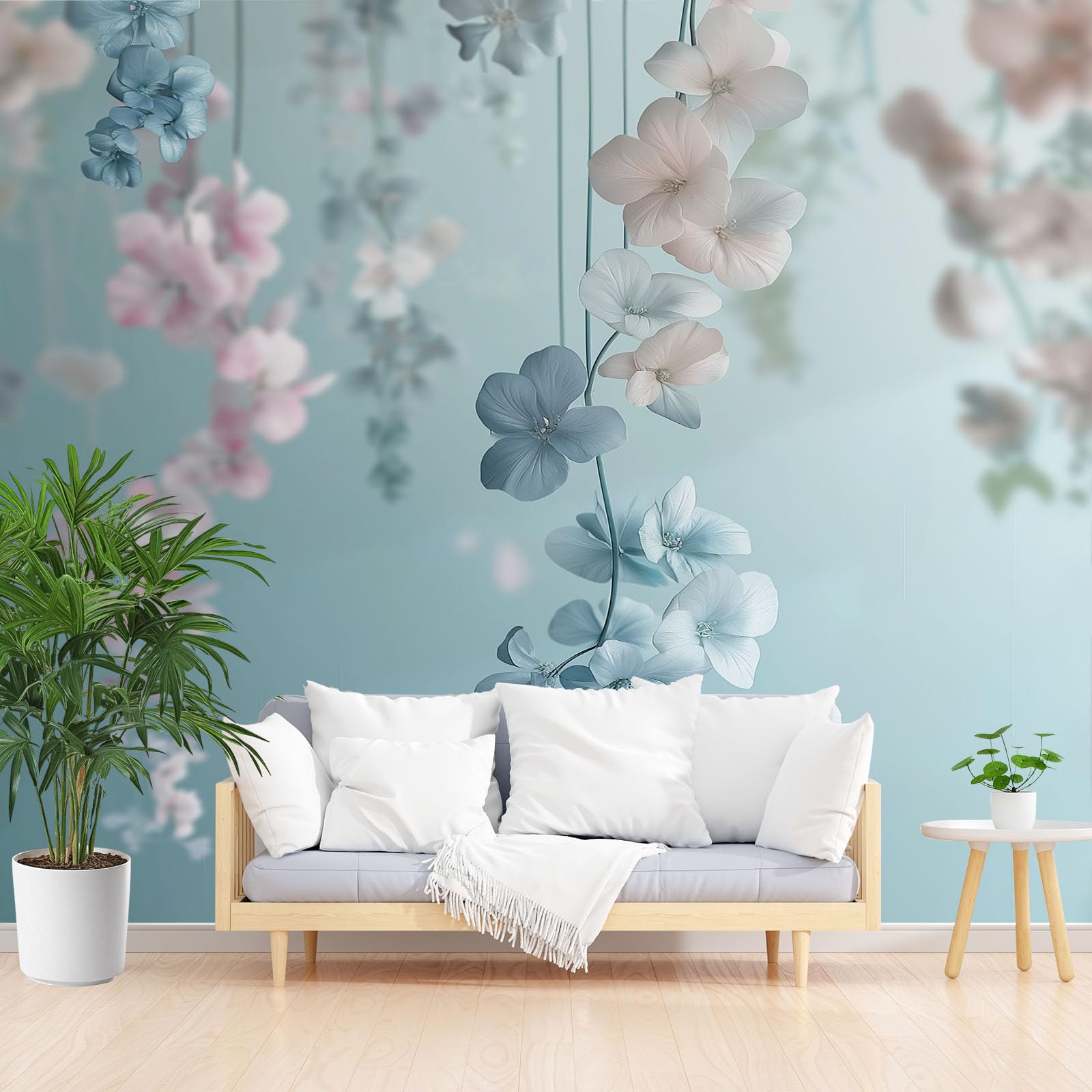 Papier peint panoramique orchidées bleu roi grand décor de fond mural