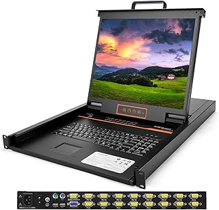 16 Port Rackmount KVM Console with 19'' LCD Rack Mount Monitor Keyboard, VGA 1U KVM Switch, 1280x1024@60Hz Resolution, 16 USB VGA Cables Included,OSD Menu, for Windows, Linux, Mac and Sun