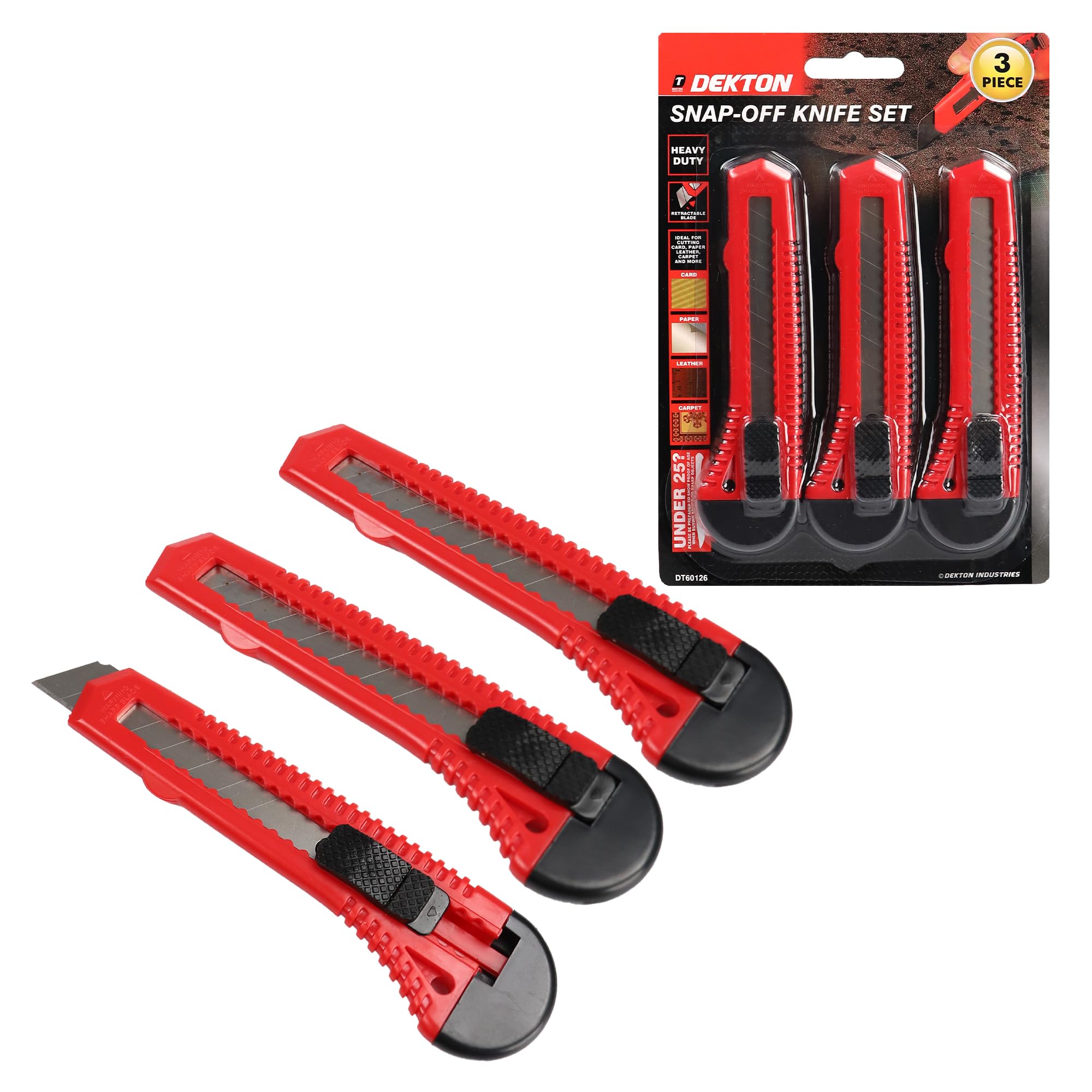 Dekton 3-Piece Snap-Off Utility Knife Set with Retractable Blades, Ergonomic Non-Slip Handles, Heavy-Duty Construction for Cutting Cardboard, Carpet, and More – Ideal for DIY and Professional Use