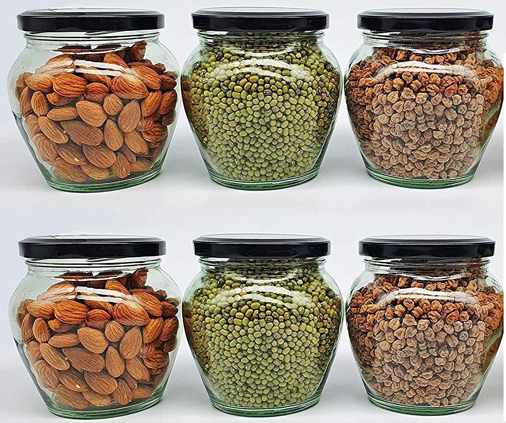 TRIVYOM 500Ml Glass Jar with Air Tight Black Lid for Kitchen Dried Masla Storage Jar,Honey Jar,Jar and Container,Spice Masala Jar,Pot Glass Matka,Visible Glass Black Jar (Pack of 6)