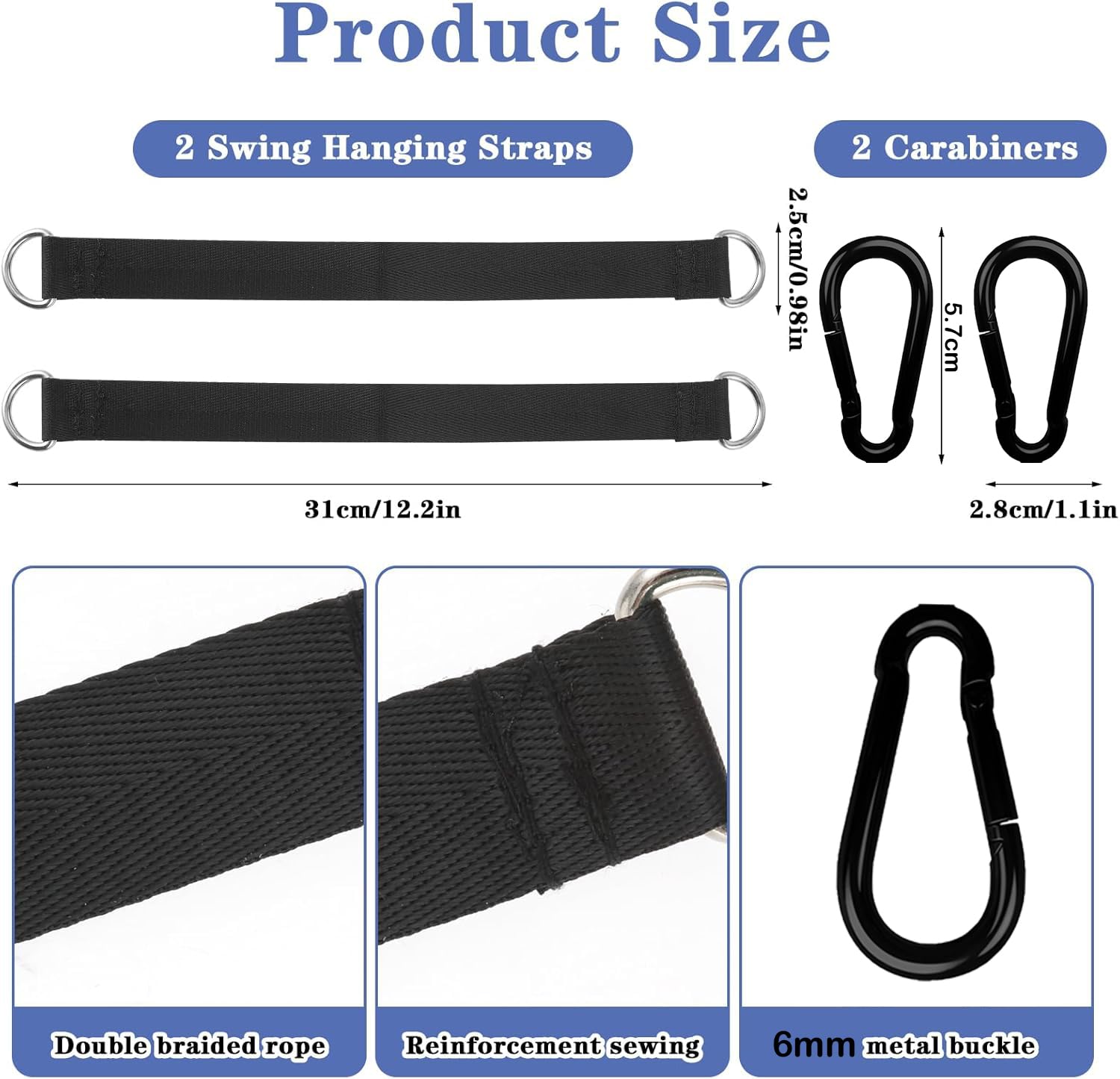 Panexf Tree Swing Hanging Kit - 2 PCS Hammock Straps and 4 Hooks, Black, 2 PCS Swing Attachment(31cm) - Image 2