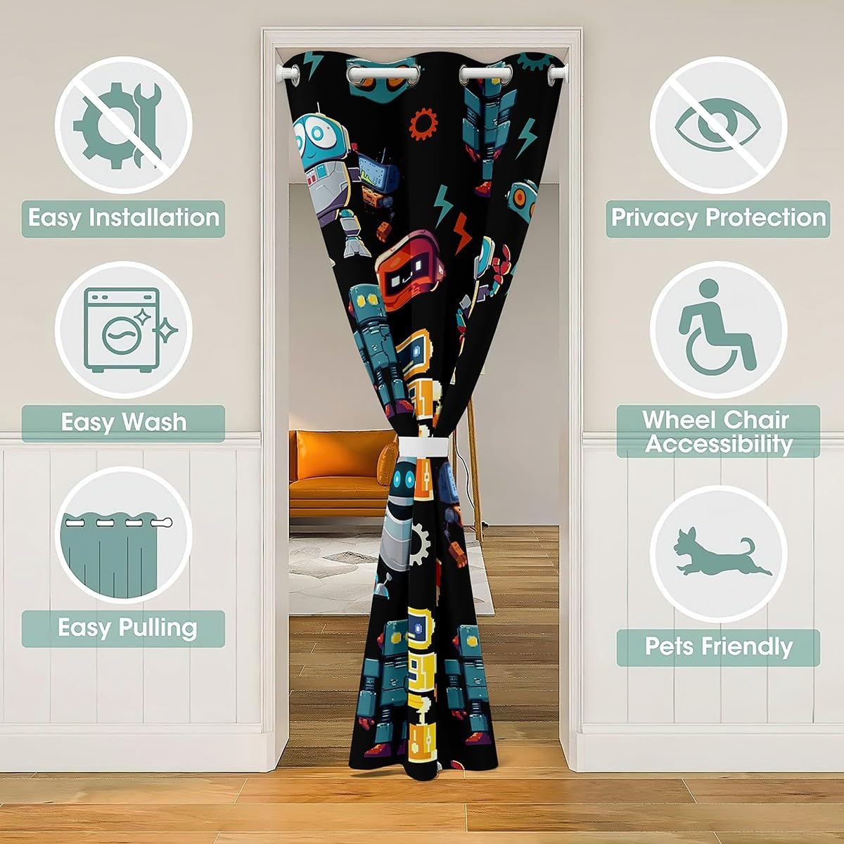 Cartoon Robot Doorway Curtain,Colorful Robots Machines Closet Door Cover Curtain for Bedroom Living Room,Futuristic Science Room Darkening Curtain Not Blackout Curtain,W52 X L80