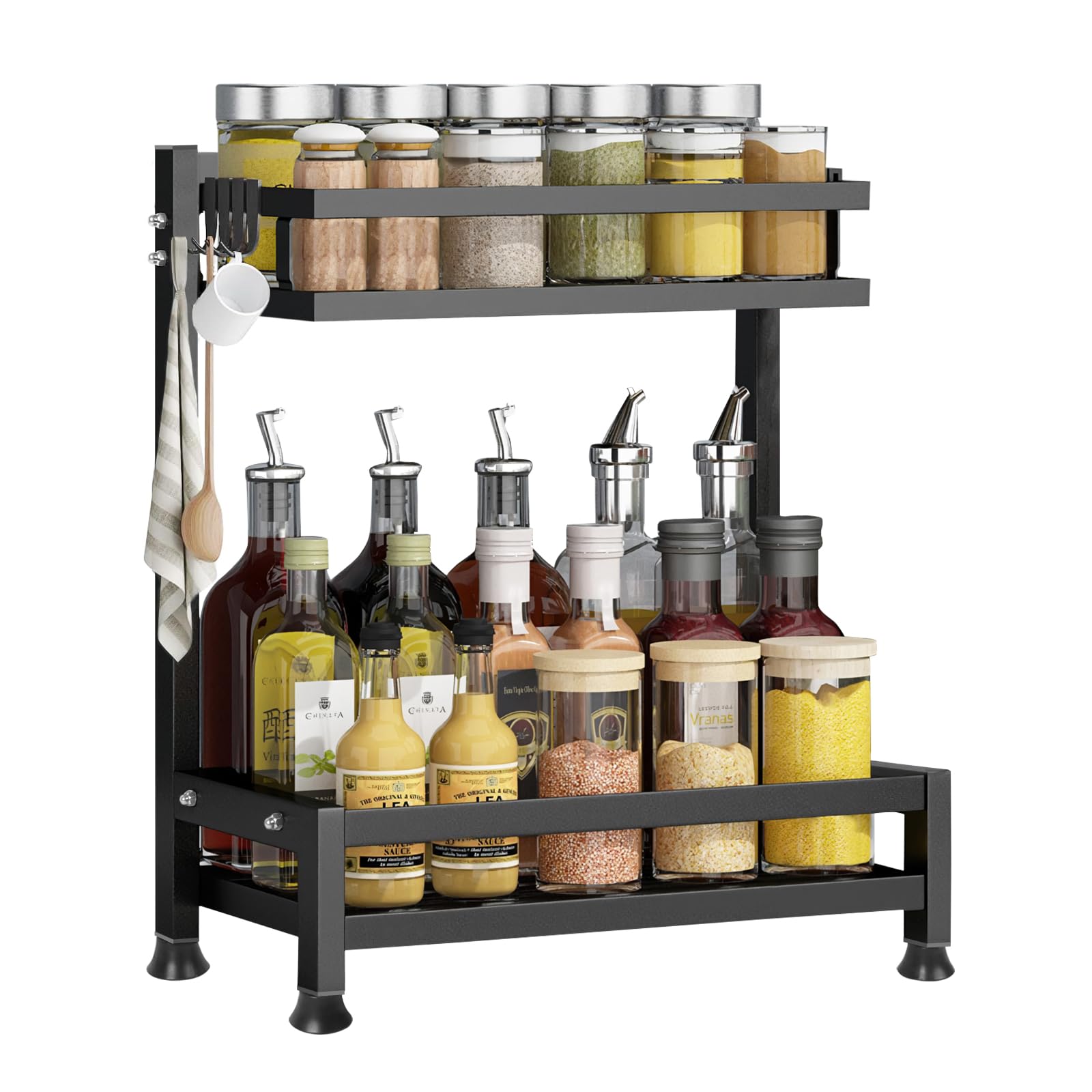 Minicoco 2-Tier Black Spice Rack Organiser with 4 Hooks - Space-Saving Kitchen Shelf for Spices, Utensils & Condiments | Wall-Mounted or Countertop Storage | Durable & Modern Design