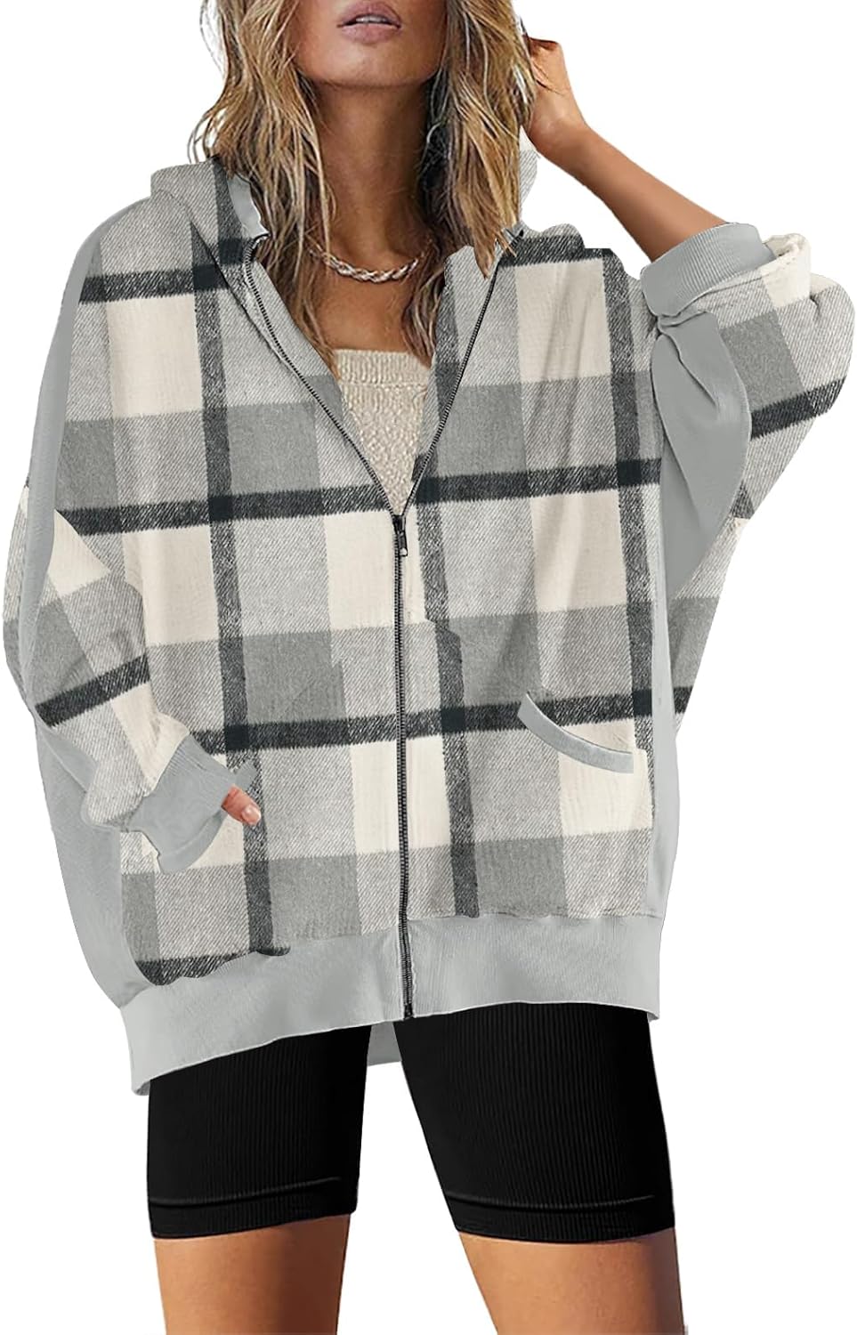 Womens Fashion Zip Up Hoodies Oversized Waffle Knit Jacket Shirts Long Sleeve Solid Shacket Blouse with Pockets