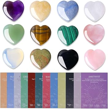LAIDANLA 12 PCS بلورات القلب شفاء الحجارة 1 بوصة قلوب الأحجار الكريمة الطبيعية مصقول السائبة على شكل قلب كريستال حجر مجموعة روز الكوارتز الجمشت ريكي هدايا التأمل