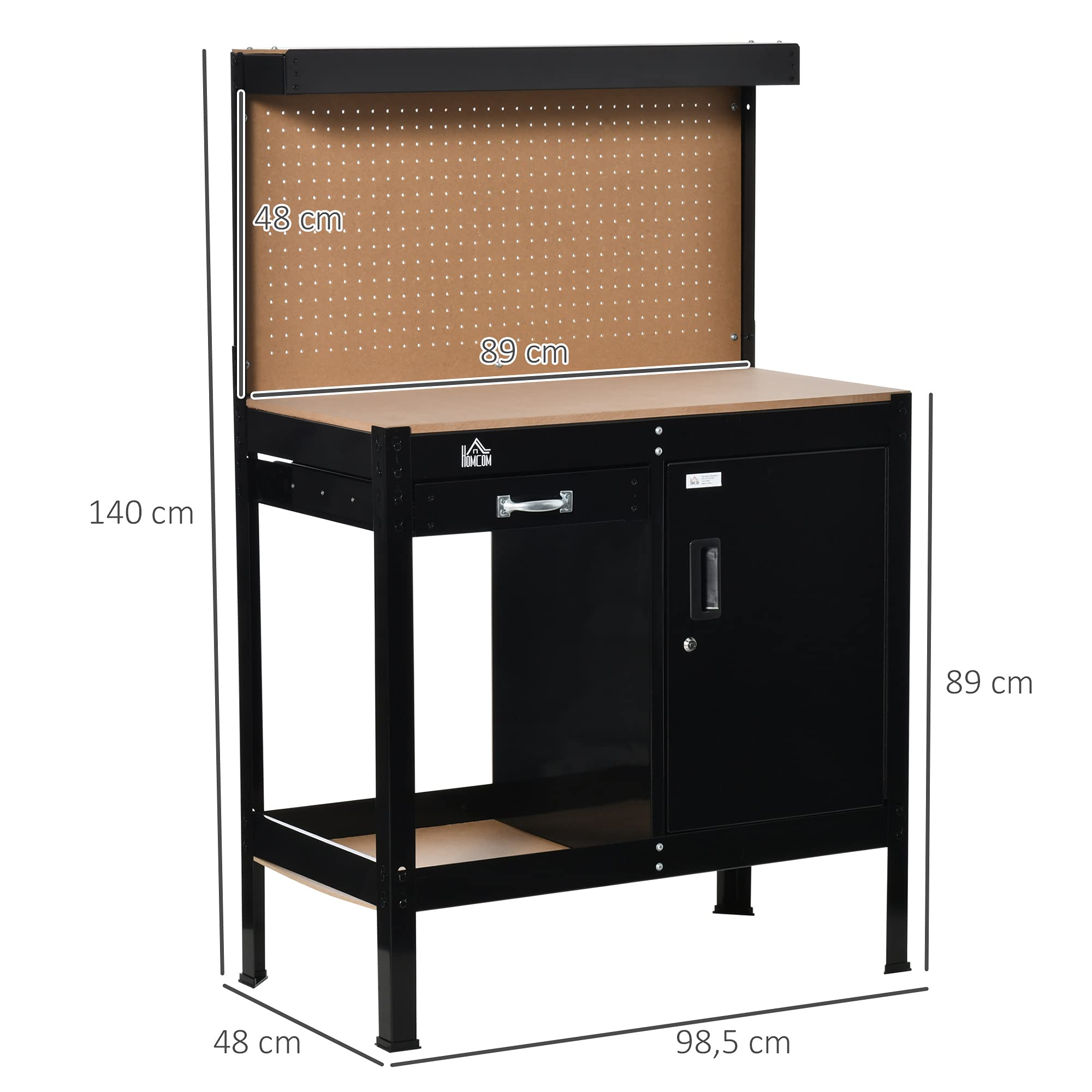HOMCOM Banco de Trabajo 98,5x48x140 cm Carga 100 kg Mesa con Panel Perforado Negro