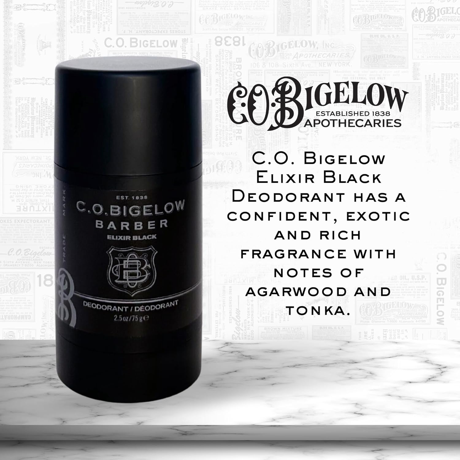 C.O. Bigelow Elixir Black Aluminum Free Deodorant for Men, Musk & Vanilla Scented Non Toxic Deodorant, Gel Stick Formula, 2.5oz - Image 2